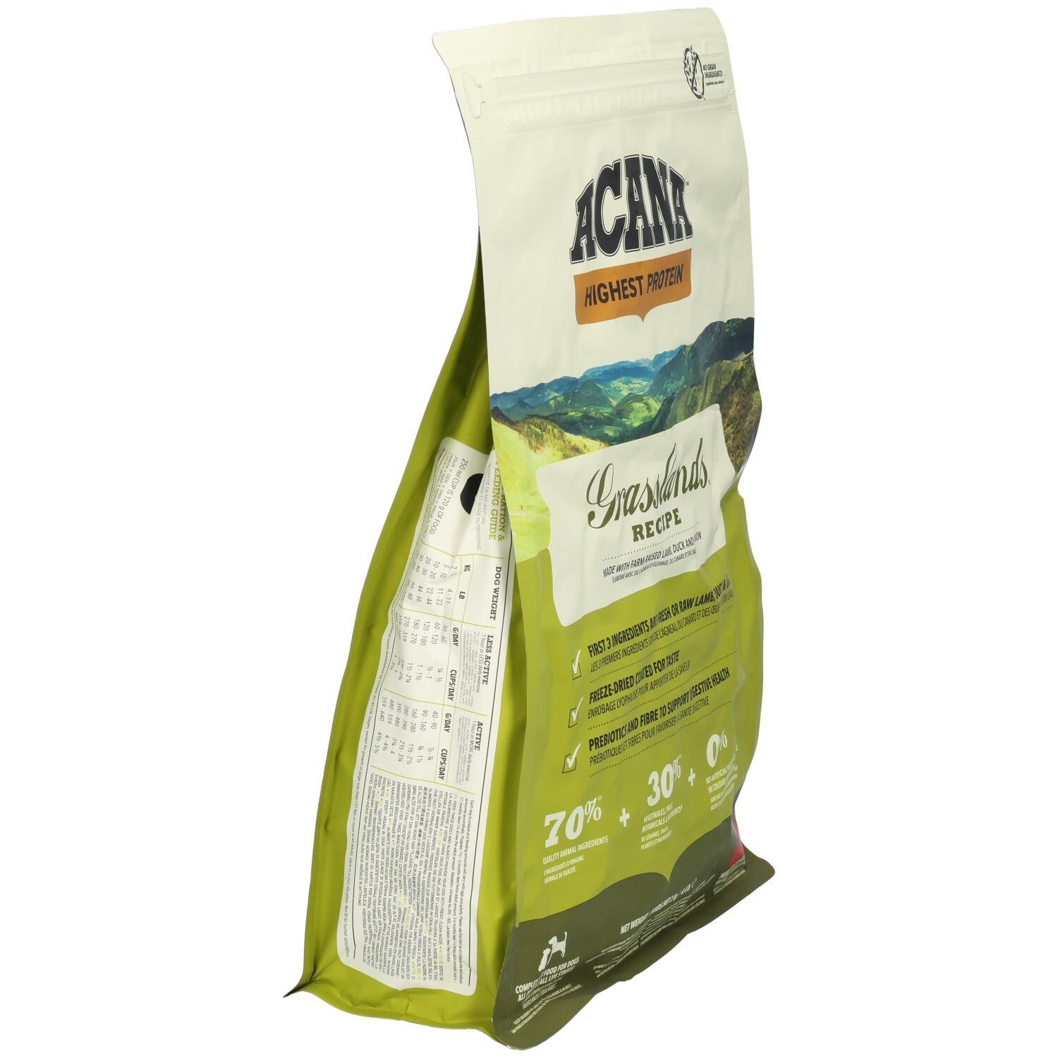 Sac de nourriture pour chien ACANA Grasslands, vue latérale avec informations nutritionnelles.
