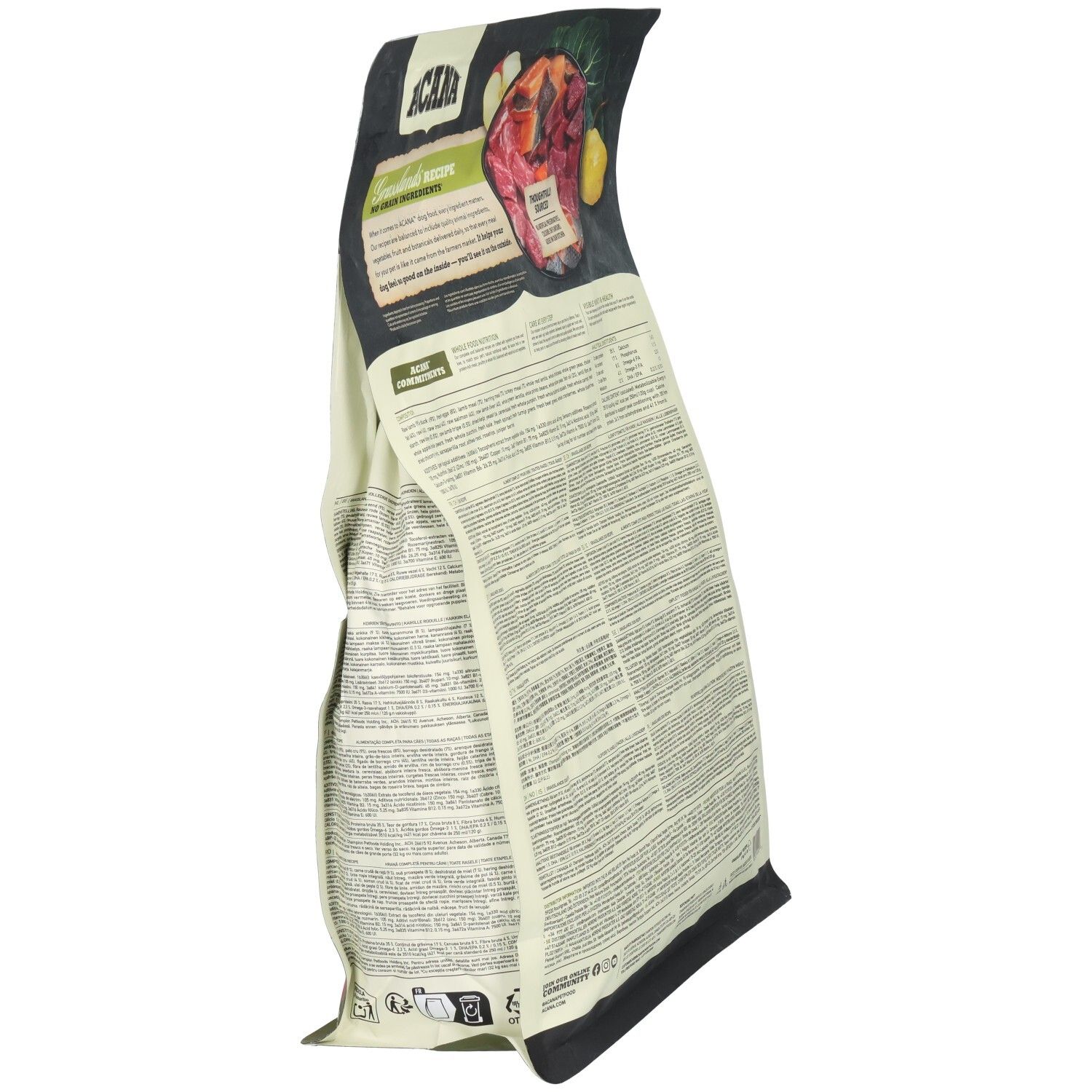 Sac de nourriture pour chien ACANA Grasslands, vue arrière avec informations détaillées.
