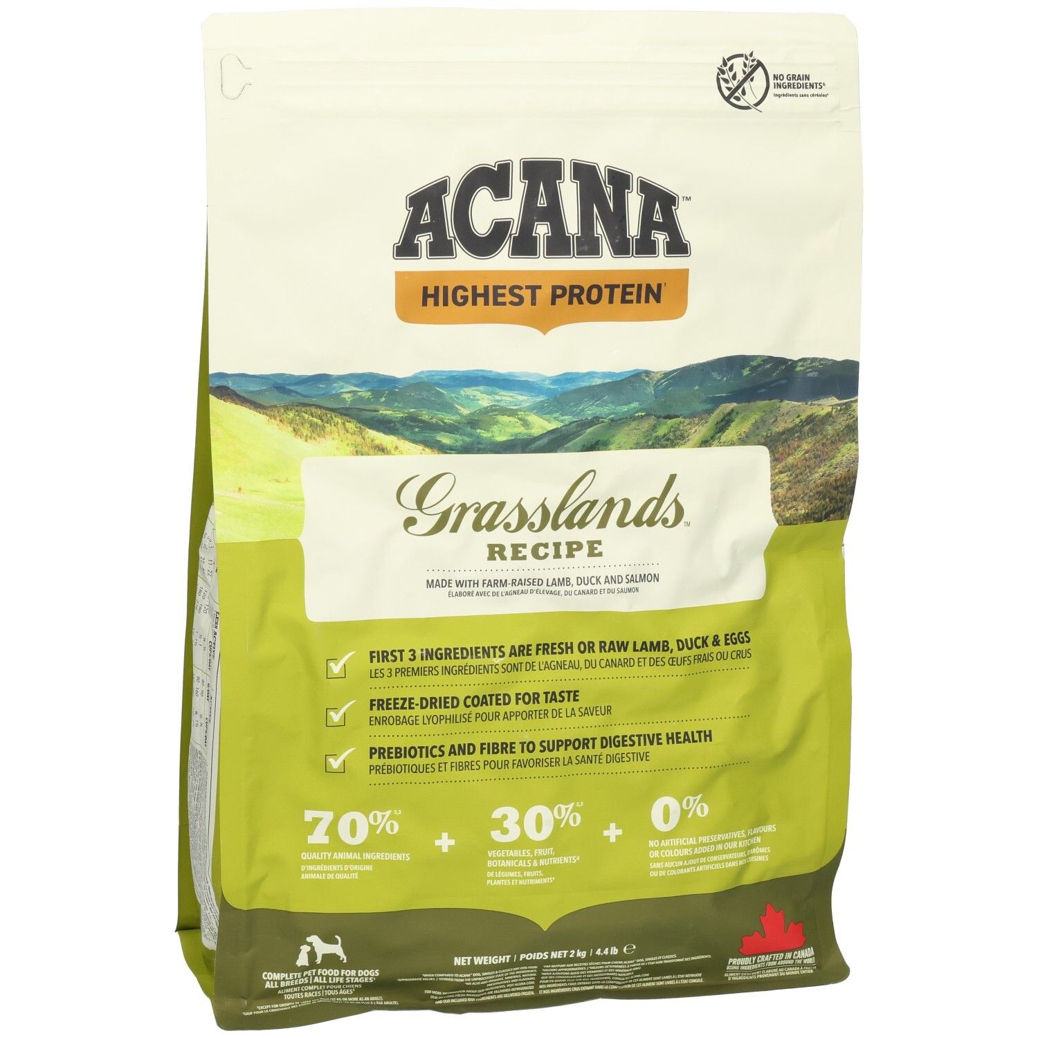 Sac de nourriture pour chien ACANA Grasslands, avant avec paysage de montagne et caractéristiques du produit.