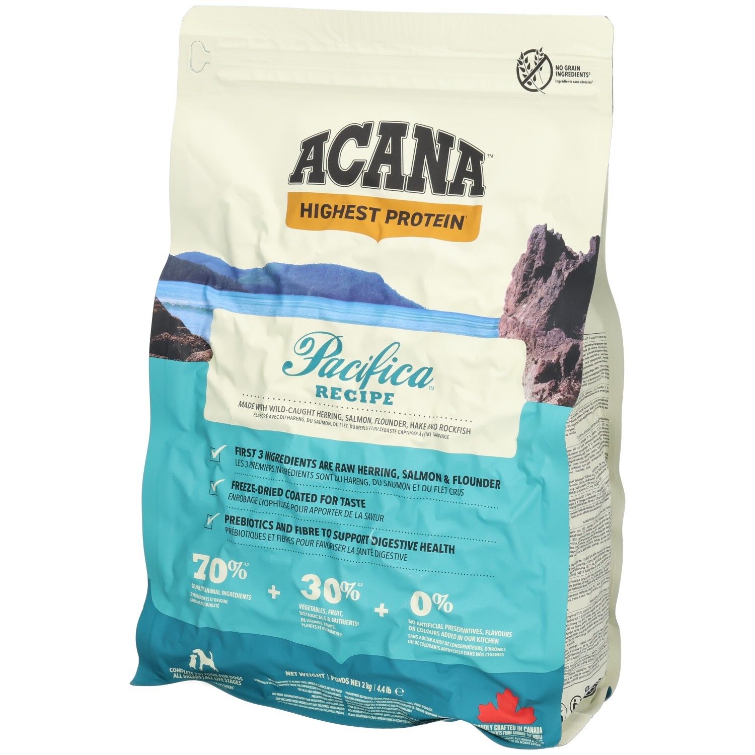 Sac de nourriture pour chiens ACANA Pacifica. Caractéristiques : haute teneur en protéines, 70 % de poisson, 30 % de légumes, 0 % de céréales. Contient hareng, saumon, plie.