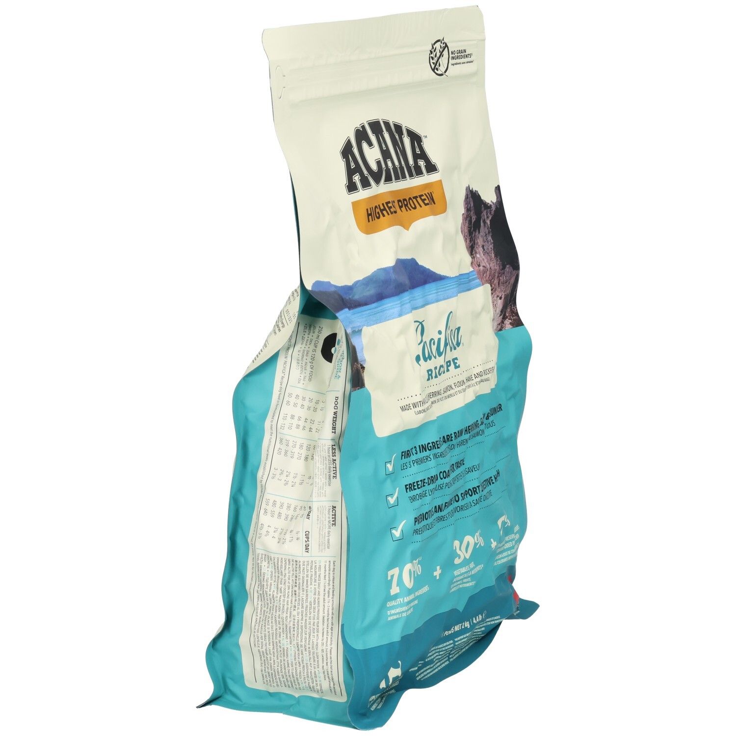 Sac de nourriture pour chiens ACANA Pacifica, partiellement ouvert. Détails : ingrédients, informations nutritionnelles. Contient hareng, saumon, plie.
