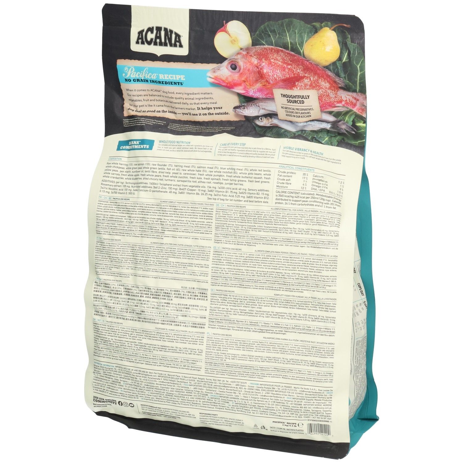 Dos du sac de nourriture pour chiens ACANA Pacifica. Contient des informations sur les ingrédients et la valeur nutritionnelle. Sans céréales.