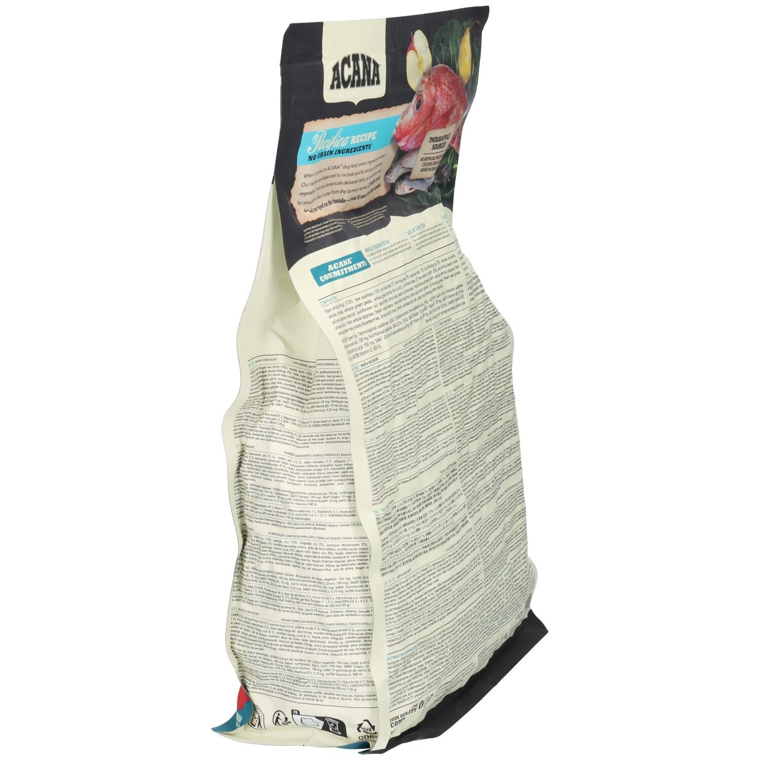 Sac de nourriture pour chiens ACANA Pacifica, partiellement ouvert. Dos avec ingrédients et informations nutritionnelles. Sans céréales.