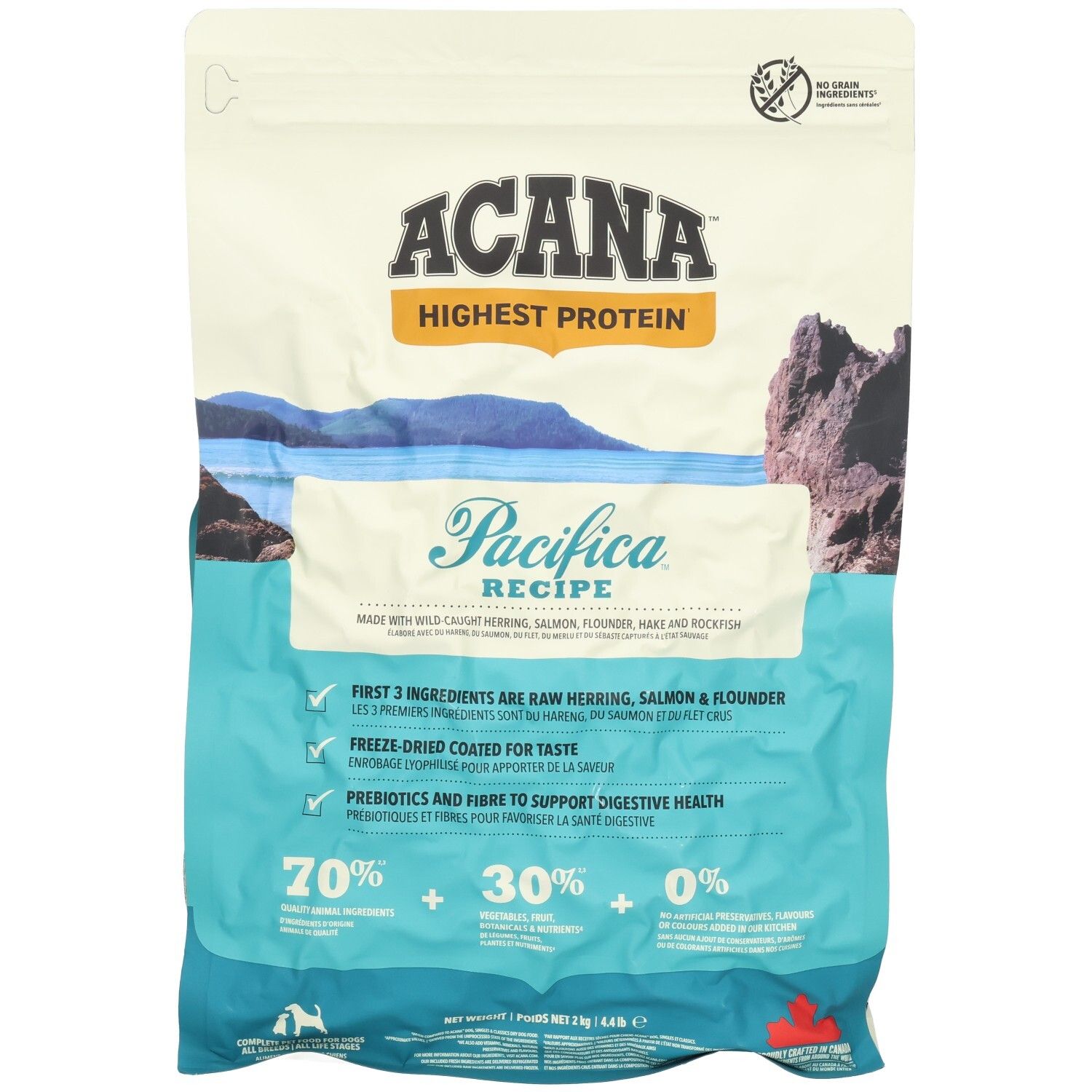 Sac de nourriture pour chiens ACANA Pacifica. Caractéristiques : haute teneur en protéines, 70 % de poisson, 30 % de légumes, 0 % de céréales. Contient hareng, saumon, plie.
