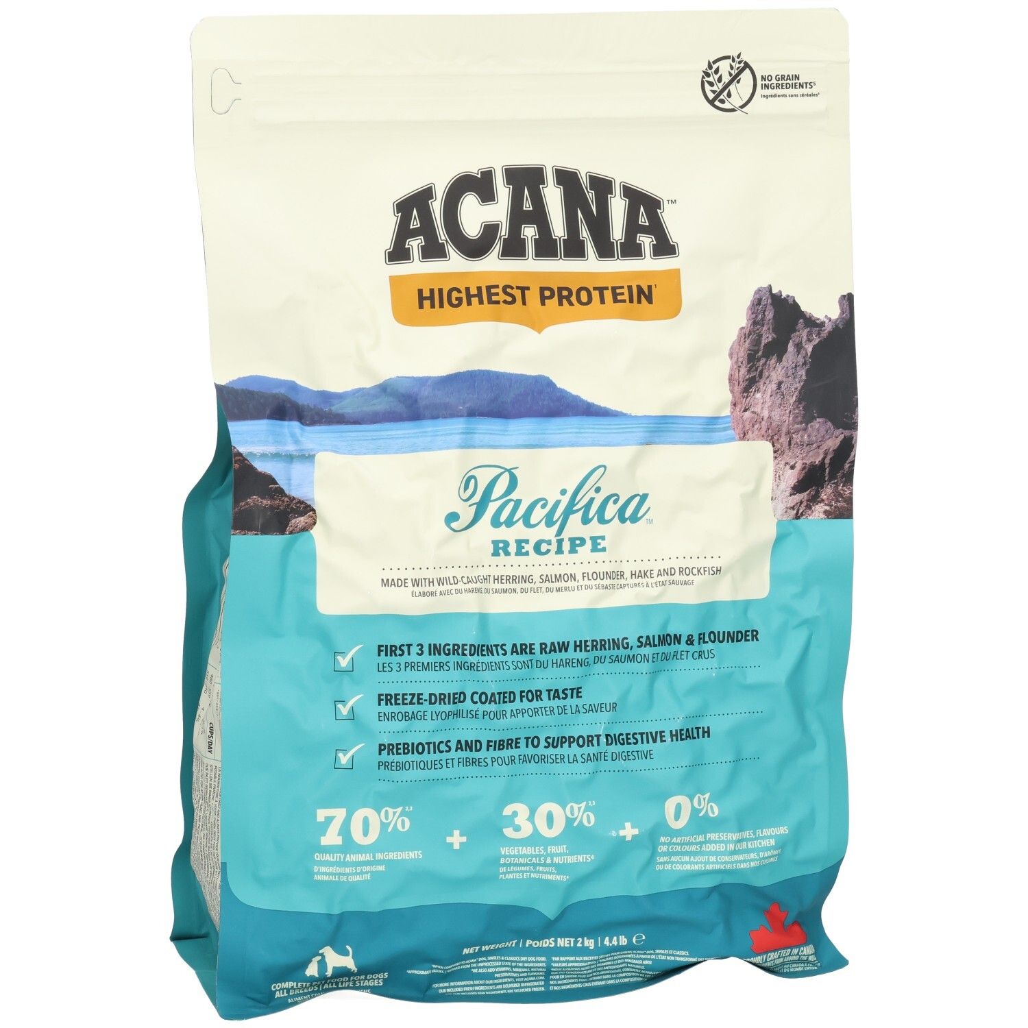 Sac de nourriture pour chiens ACANA Pacifica. Caractéristiques : haute teneur en protéines, 70 % de poisson, 30 % de légumes, 0 % de céréales. Contient hareng, saumon, plie.