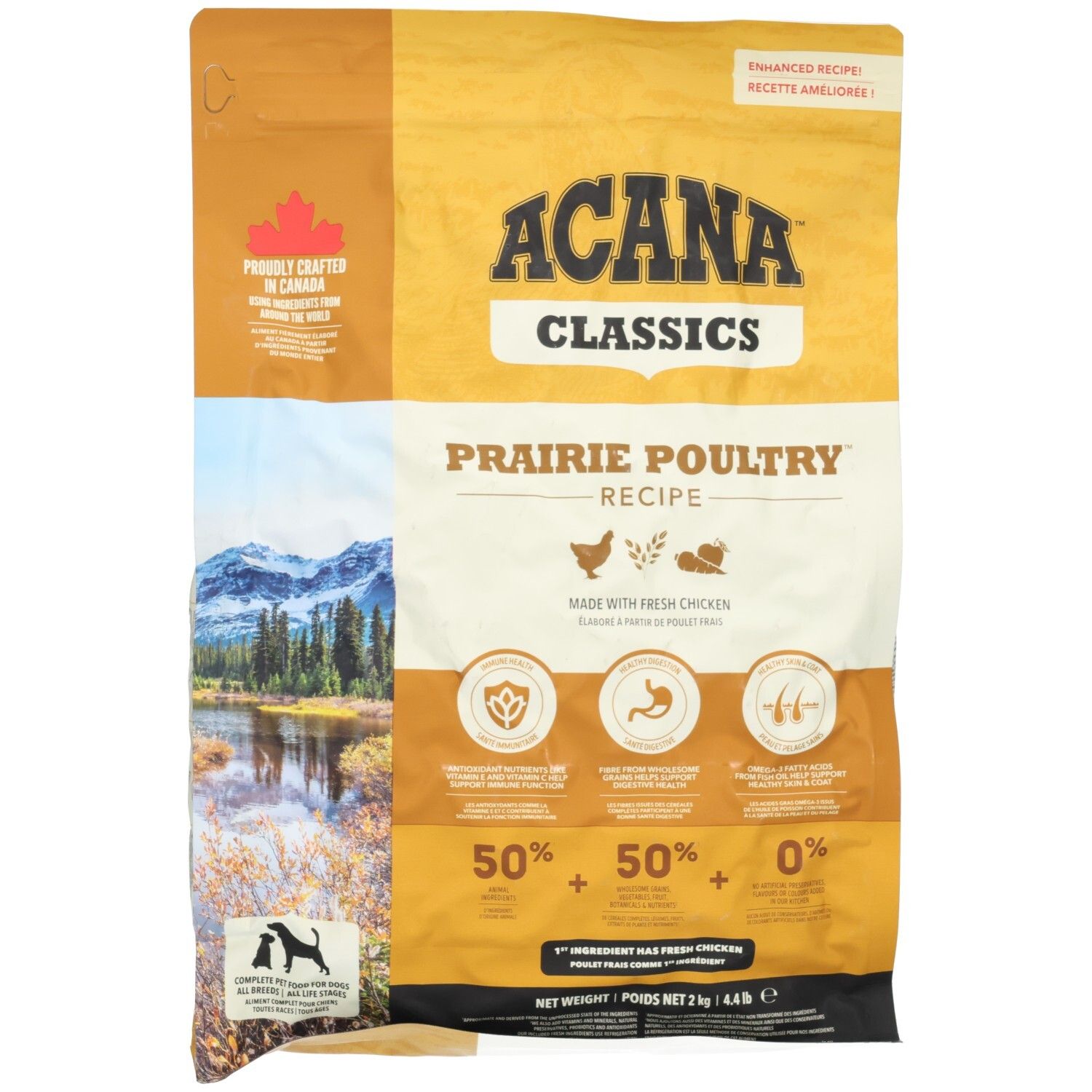 Avant d'un paquet de nourriture pour chien Acana Classics Prairie Poultry Recipe, avec une image de paysage et une illustration de poulet.
