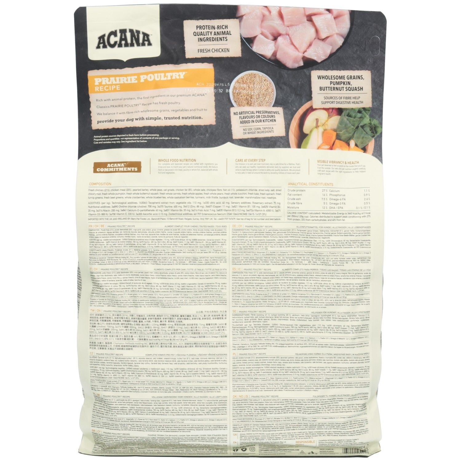 Arrière d'un paquet de nourriture pour chien Acana Classics Prairie Poultry Recipe, avec les ingrédients et les informations nutritionnelles.