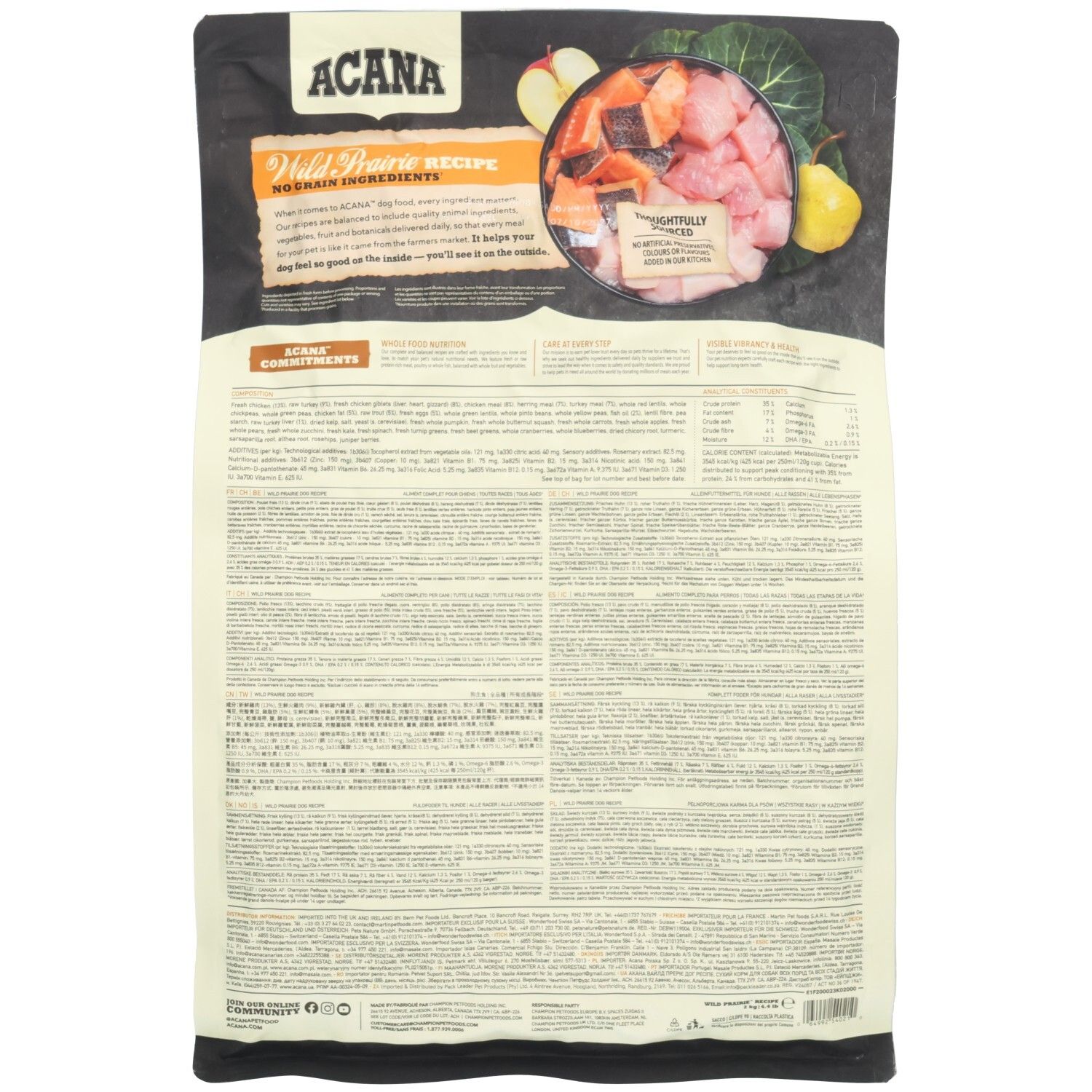 Arrière du sac de nourriture pour chien ACANA Wild Prairie avec liste des ingrédients et informations nutritionnelles.
