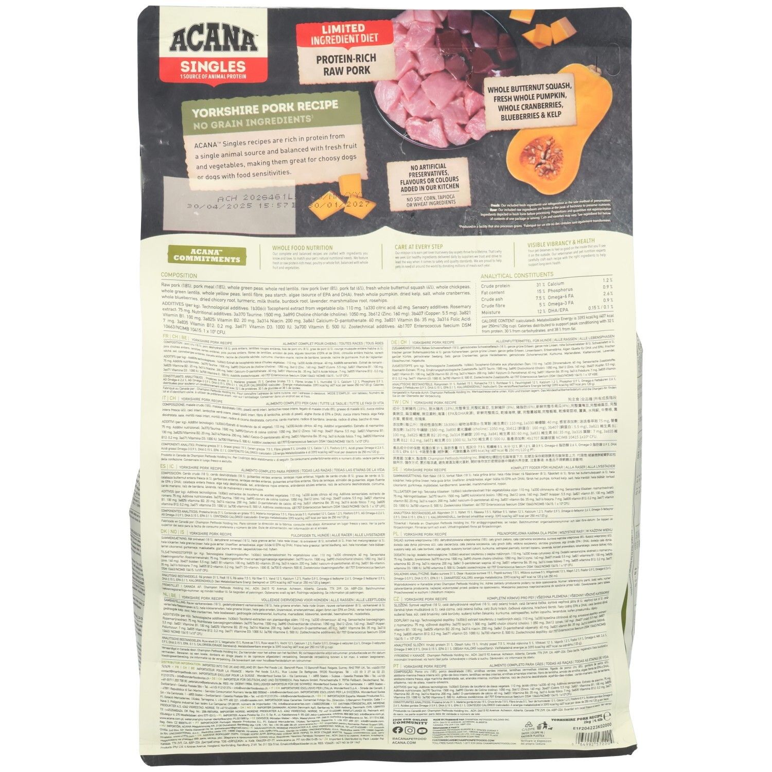 Arrière du sac de nourriture pour chien ACANA Yorkshire Pork Recipe avec ingrédients et informations nutritionnelles.