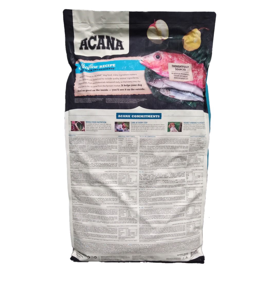 Dos du sac de nourriture pour chiens "ACANA". Texte et illustrations des ingrédients et informations sur la composition du produit.