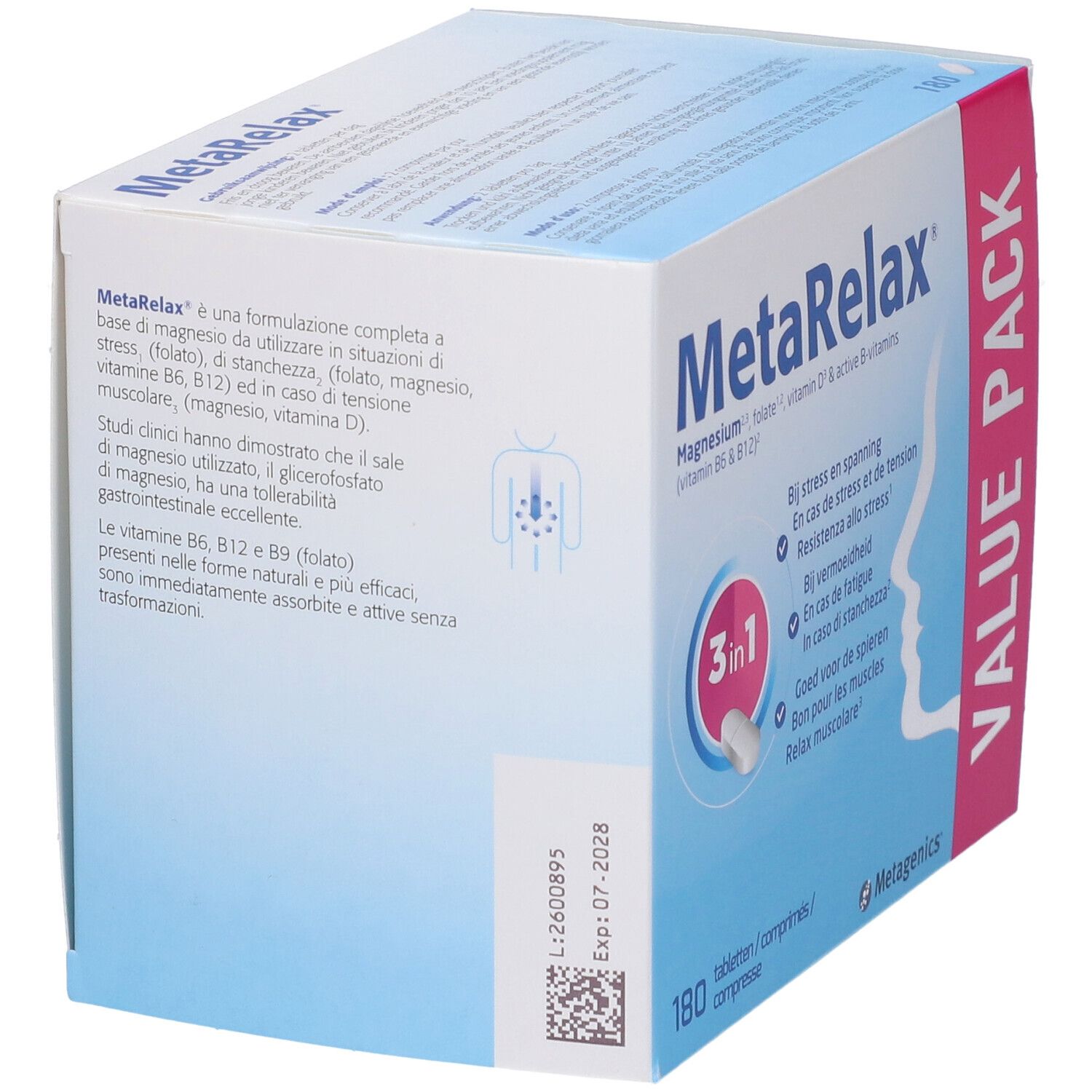 Boîte MetaRelax, dos. Informations produit multilingues. 180 comprimés. Metagenics. Date d'expiration.