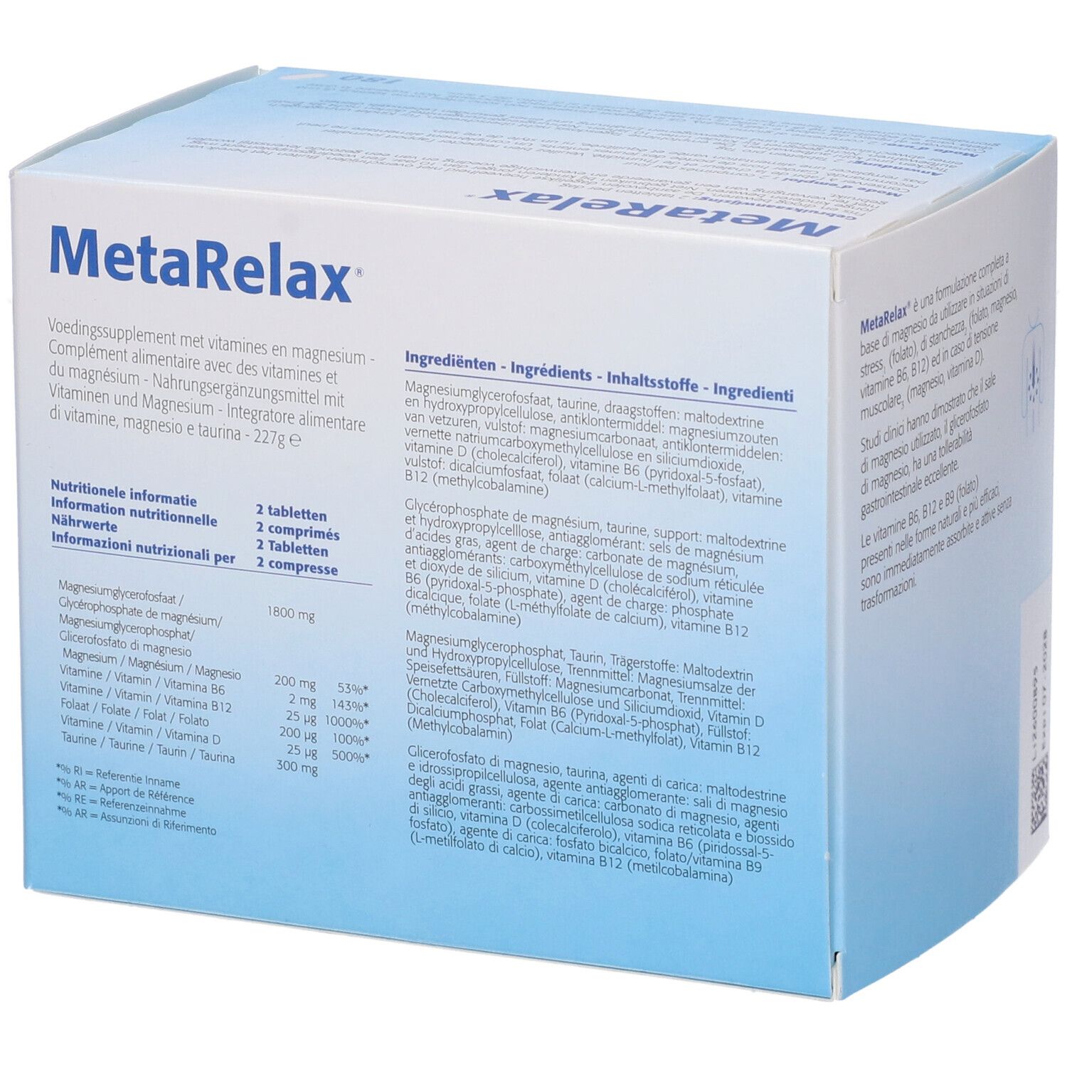Dos de la boîte MetaRelax. Informations nutritionnelles et ingrédients. 227g. Metagenics.