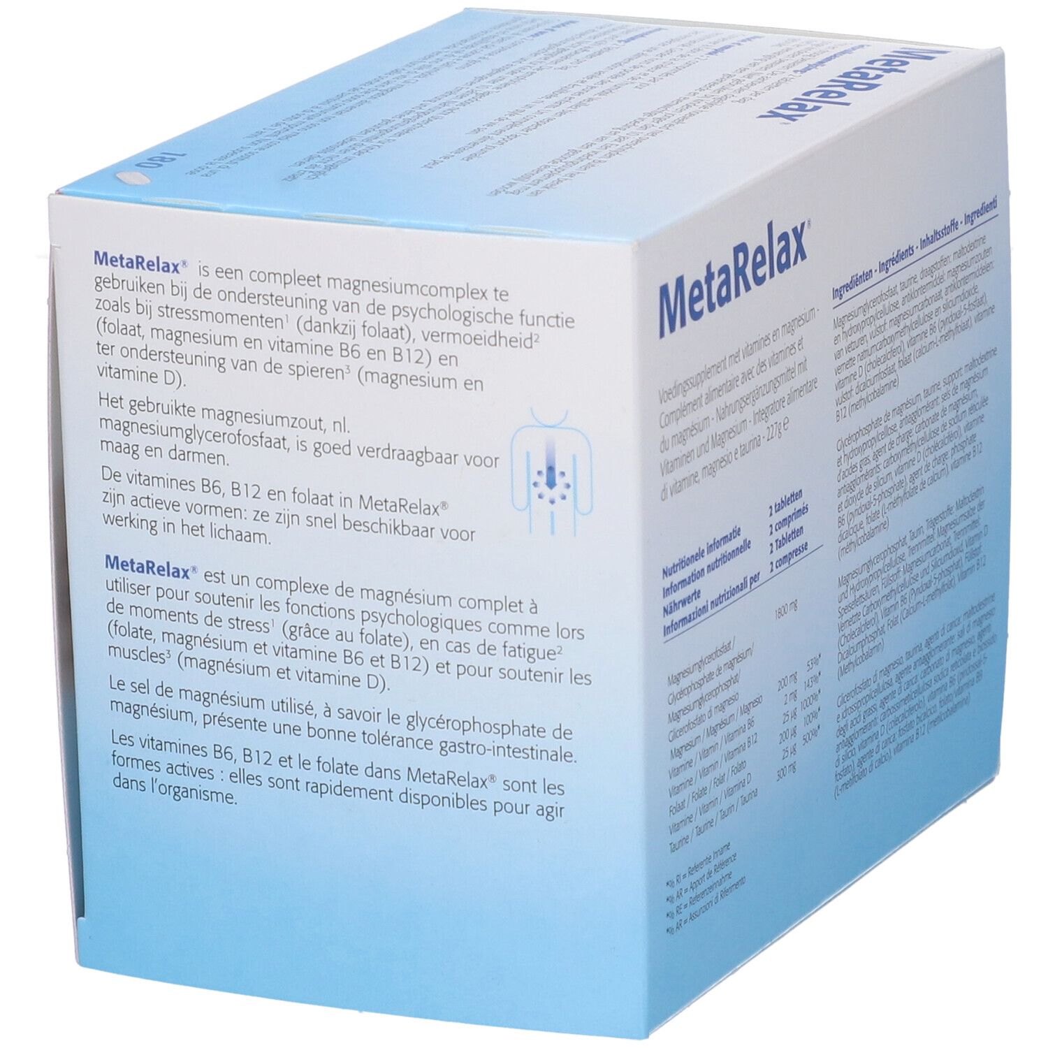 Dos de la boîte MetaRelax. Informations produit multilingues. Metagenics.