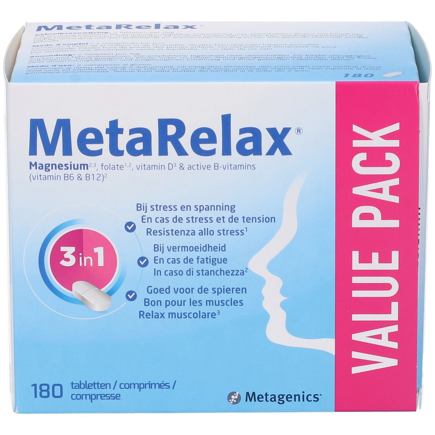 Boîte MetaRelax. Bleu et blanc, nom du produit et informations. 180 comprimés. Logo Metagenics.  'Valeur Pack'.
