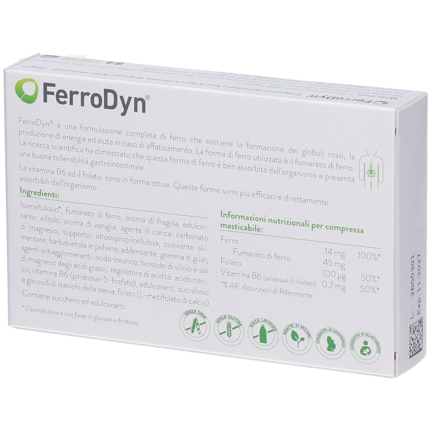 Dos de la boîte FerroDyn. Ingrédients et informations nutritionnelles. Logos.