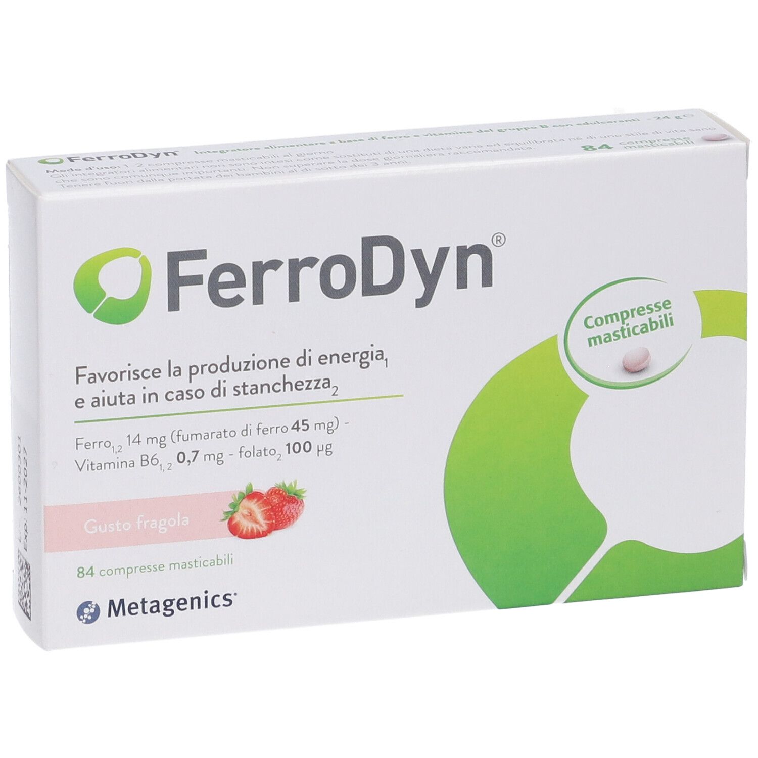 Boîte FerroDyn. Inscription FerroDyn, goût fraise, 84 comprimés à croquer. Logo Metagenics.