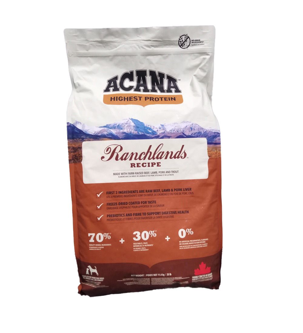 Sac de nourriture pour chiens ACANA Ranchlands. Principalement blanc avec des accents bruns. Contient le texte : "Highest Protein", "Ranchlands Recipe".