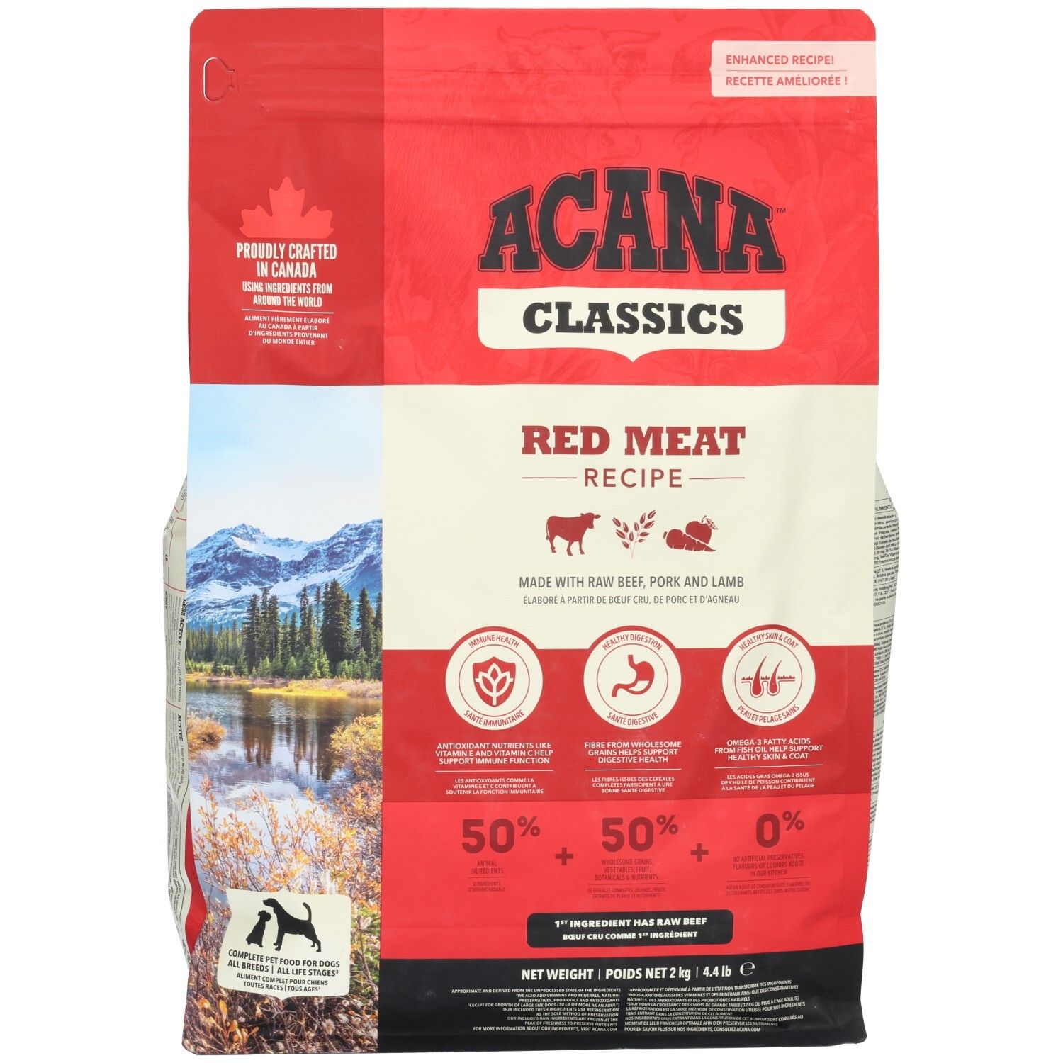 Face avant d'un sac de nourriture pour chien Acana Classics Red Meat Recipe, avec paysage de montagne et informations produit.