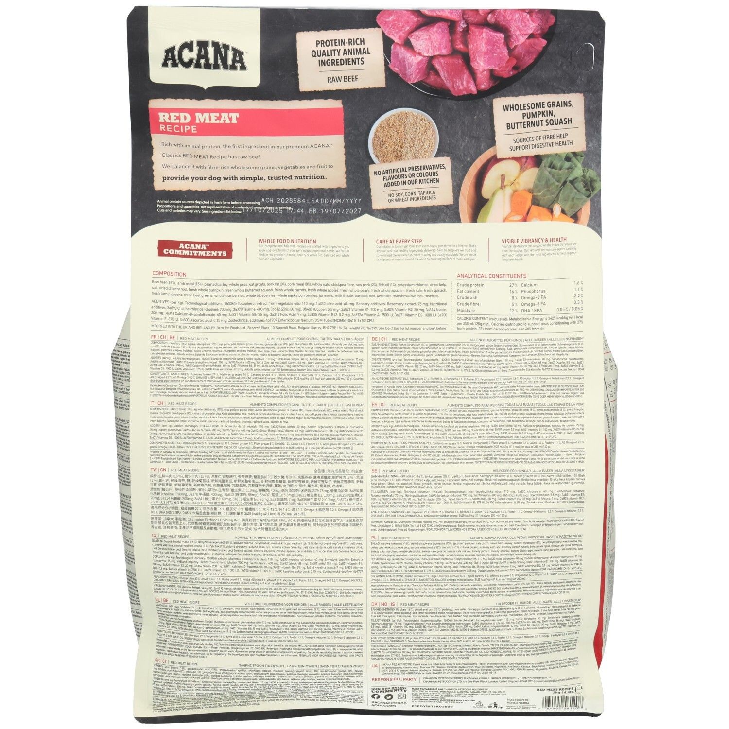 Dos d'un sac de nourriture pour chien Acana Red Meat Recipe, avec liste des ingrédients et informations nutritionnelles.