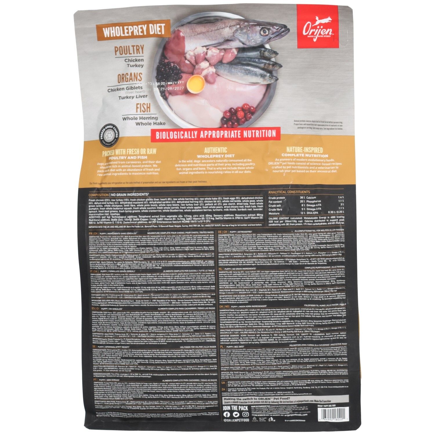 Sac de nourriture pour chiot Orijen, 2kg. Dos avec liste des ingrédients et informations nutritionnelles.