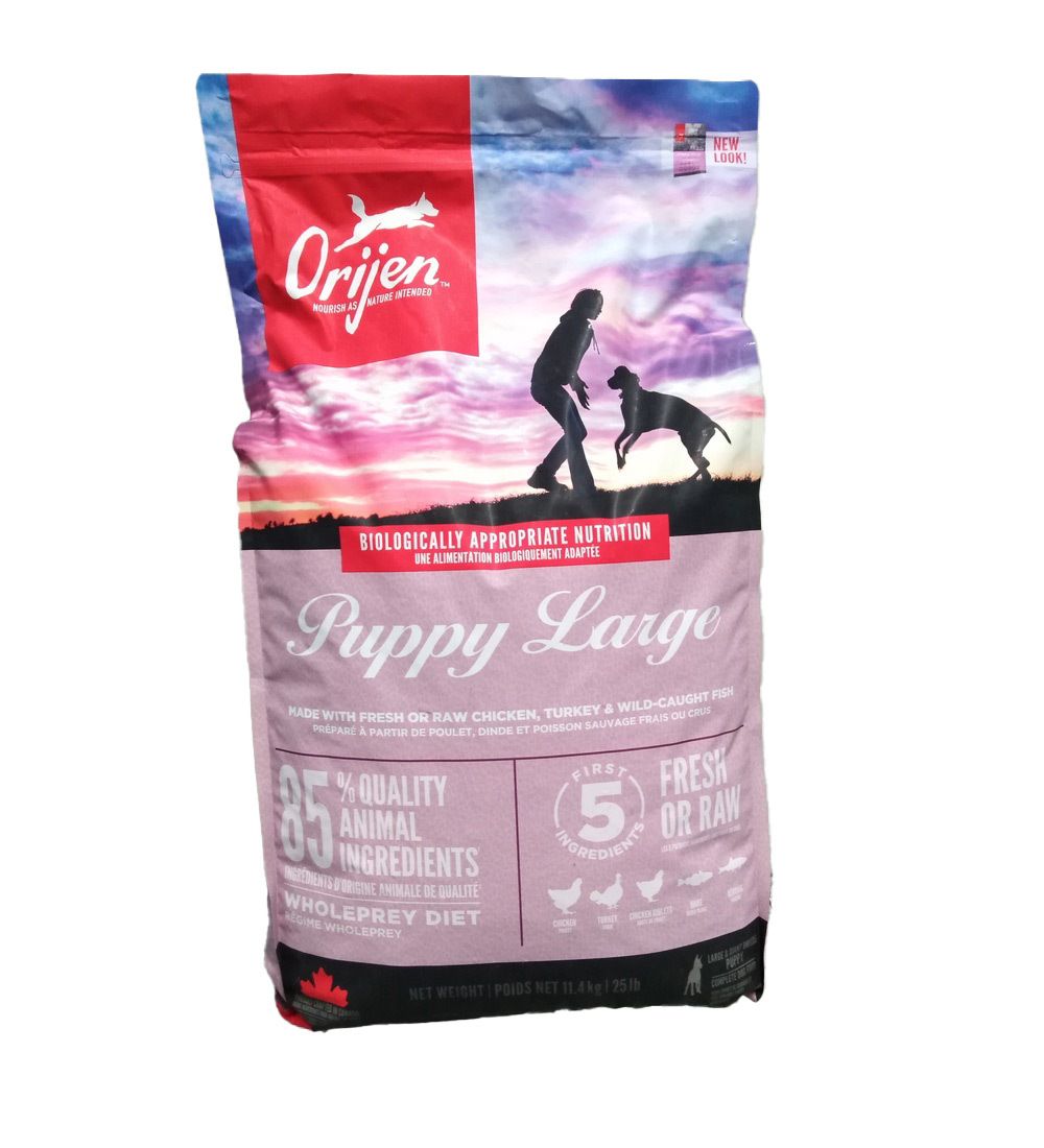 Sac de nourriture pour chien avec impression. Logo Orijen, texte "Puppy Large" et "85% Quality Animal Ingredients".
