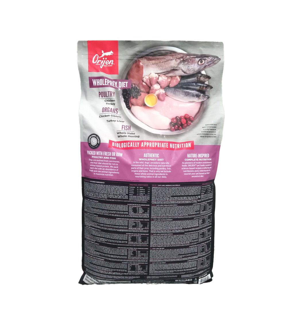 Dos du sac de nourriture pour chien. Logo Orijen, texte "Wholeprey Diet" et illustrations d'ingrédients.