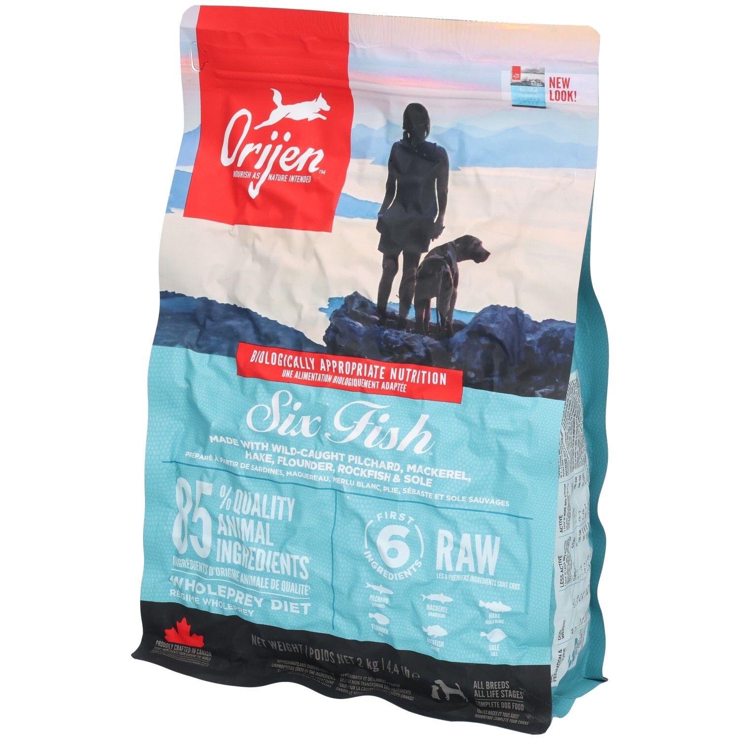 Sac ORIJEN DOG 6 FISH. Caractéristiques : Six Fish, 85% ingrédients animaux, 6 ingrédients crus. Contient des espèces de poissons. Emballage avec femme et chien.