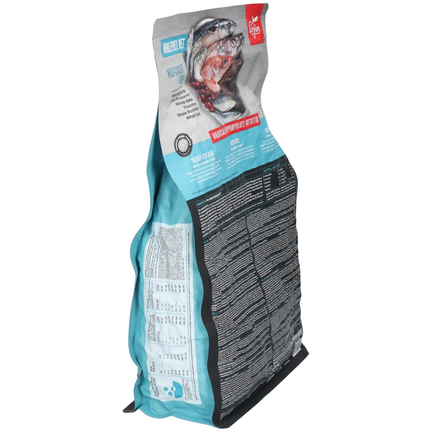 Emballage ORIJEN DOG. Caractéristiques : Wholeprey Diet, nutrition biologiquement appropriée. Contient des espèces de poissons. Vue de côté.