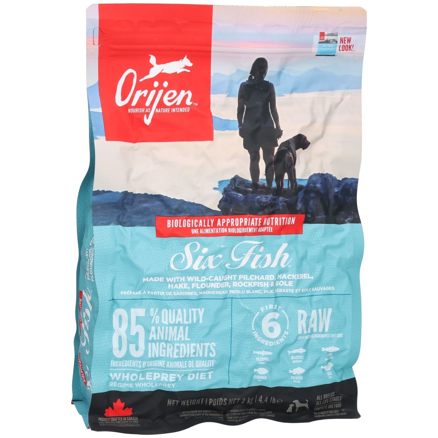 Sac ORIJEN DOG 6 FISH. Caractéristiques : Six Fish, 85% ingrédients animaux, 6 ingrédients crus. Contient des espèces de poissons. Emballage avec femme et chien.