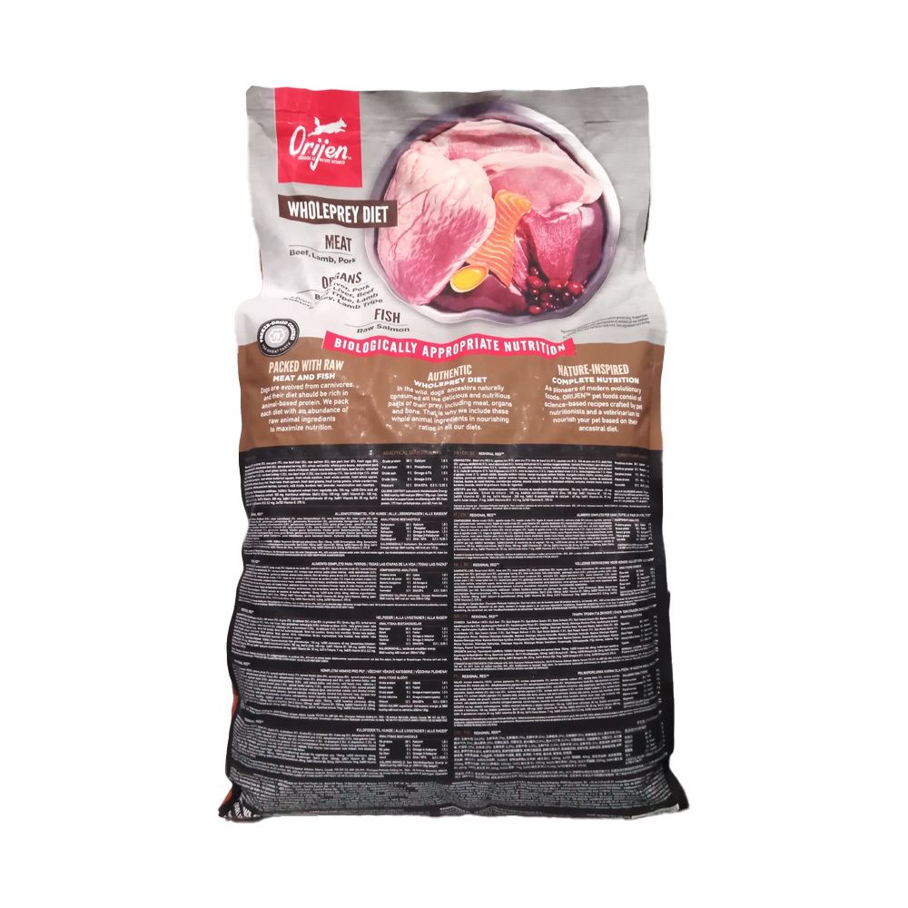 Dos du sac de nourriture pour chiens Orijen Regional Red. Contient des informations sur le régime Wholeprey et les valeurs nutritionnelles.