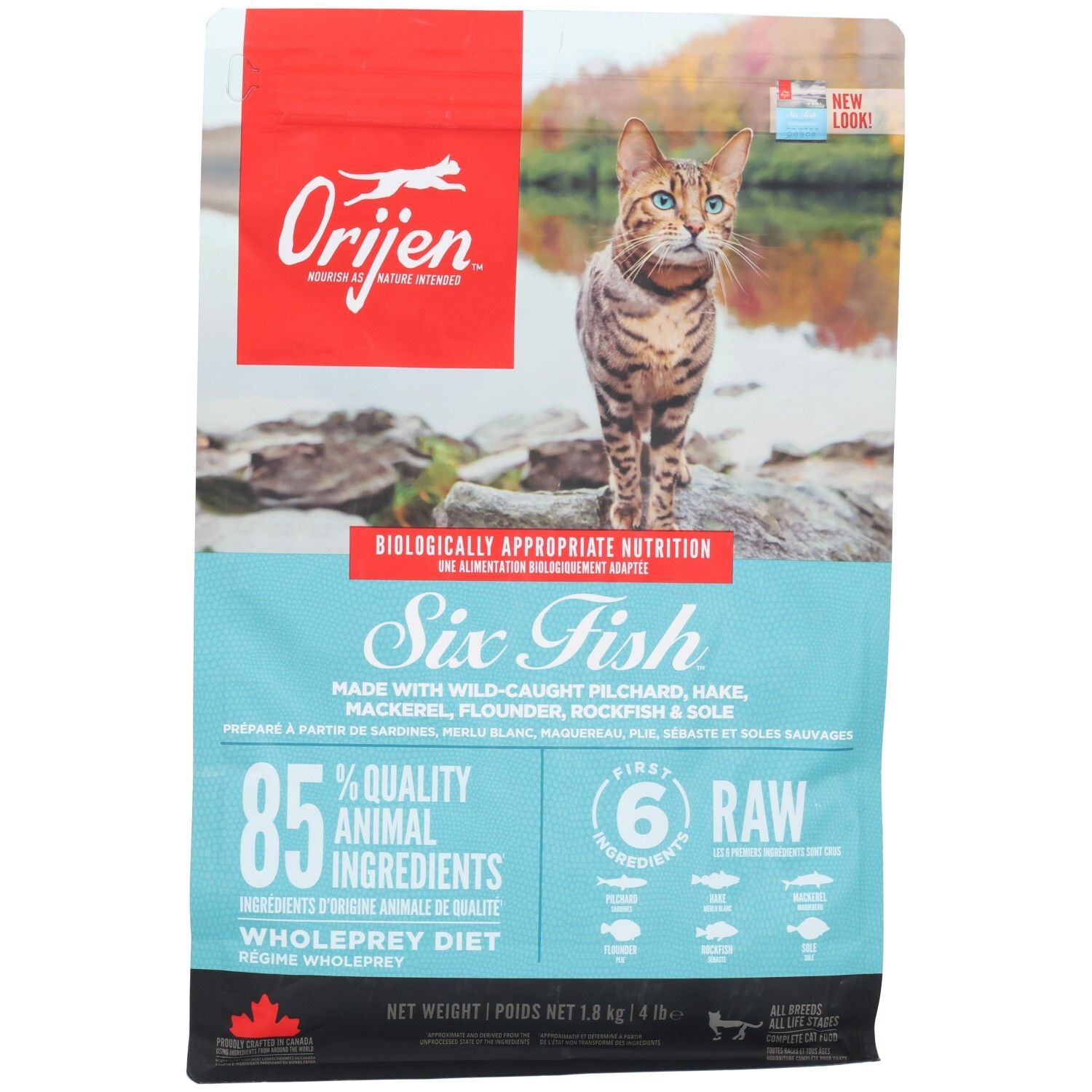 ORIJEN Six Fish nourriture sèche pour chat, sac de 1,8 kg avec image de chat et de poisson.