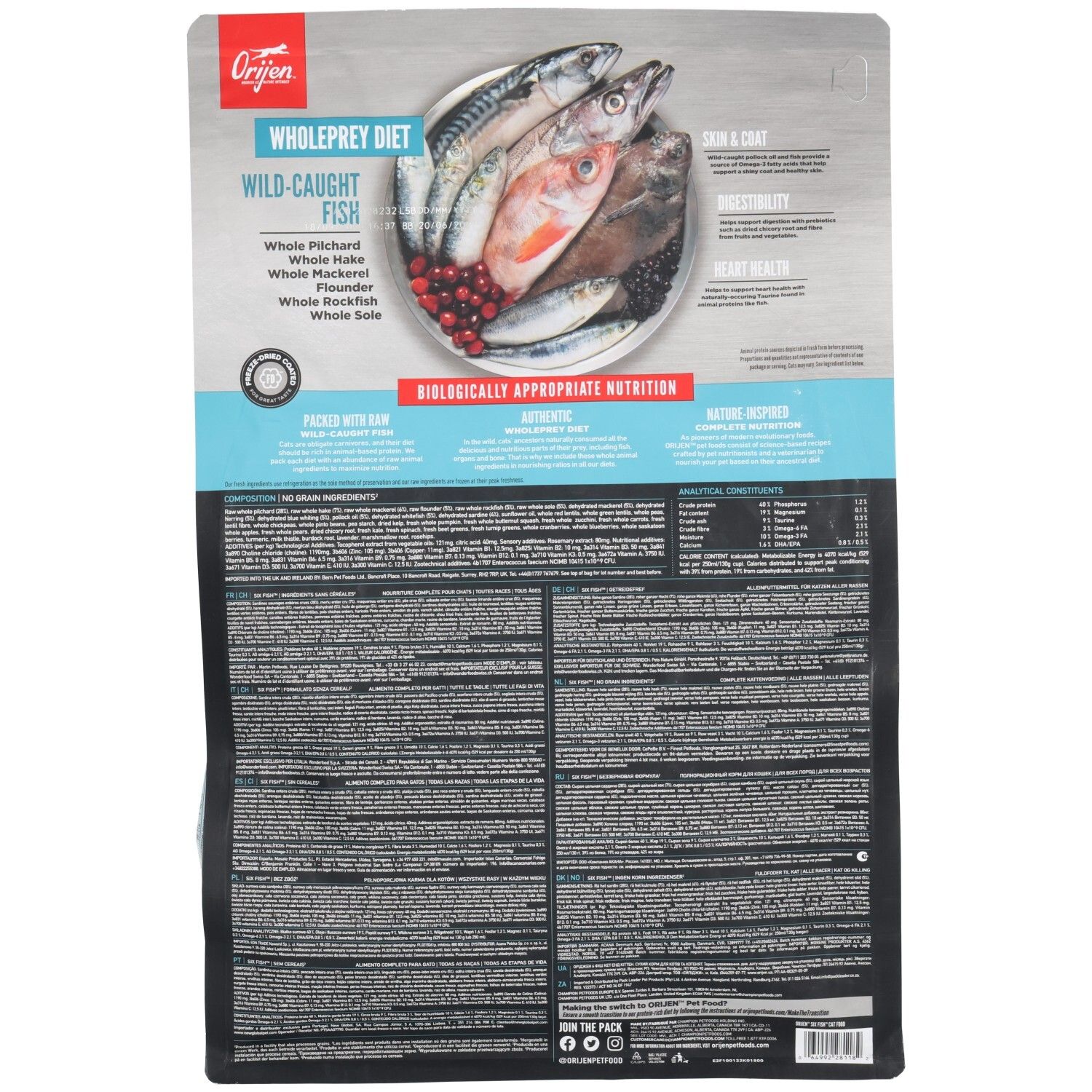 Arrière du sac de nourriture sèche ORIJEN Six Fish pour chat avec informations détaillées et illustration de poisson.