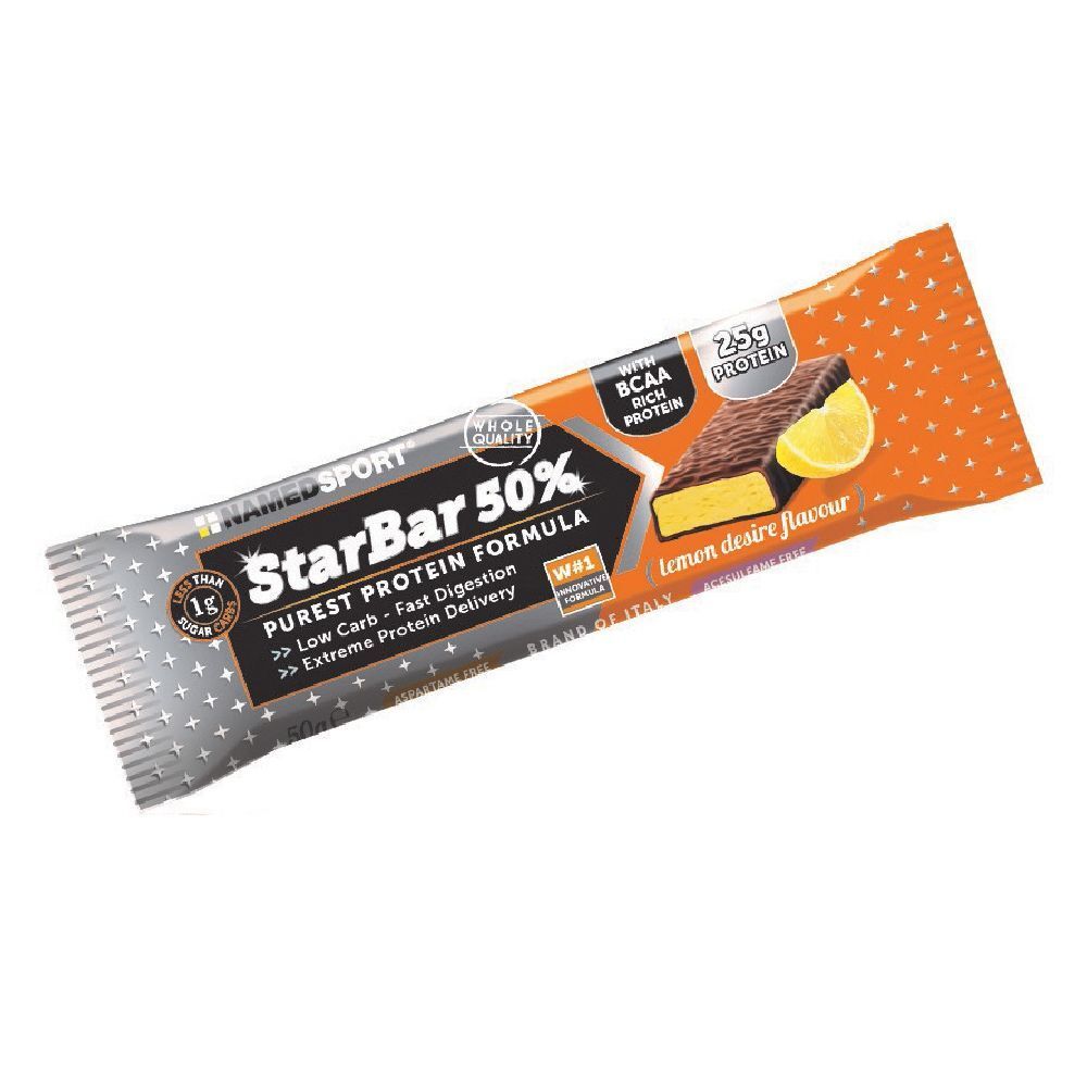 Barre protéinée NAMEDSPORT® StarBar 50% Citron. Emballage avec informations produit. Contient 25g de protéines. Saveur citron.
