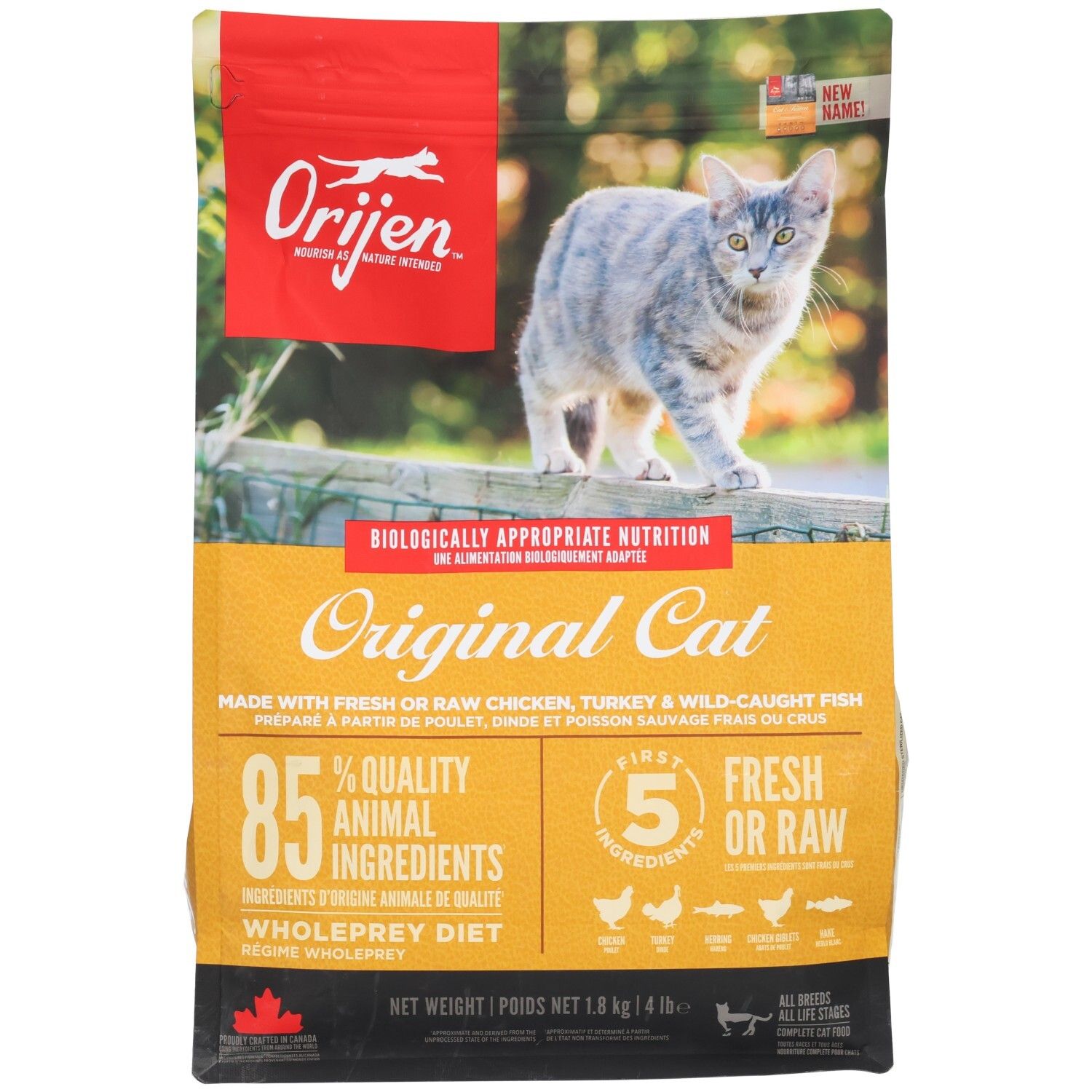 Emballage de nourriture Orijen Original Cat avec un chat et des informations sur le produit.