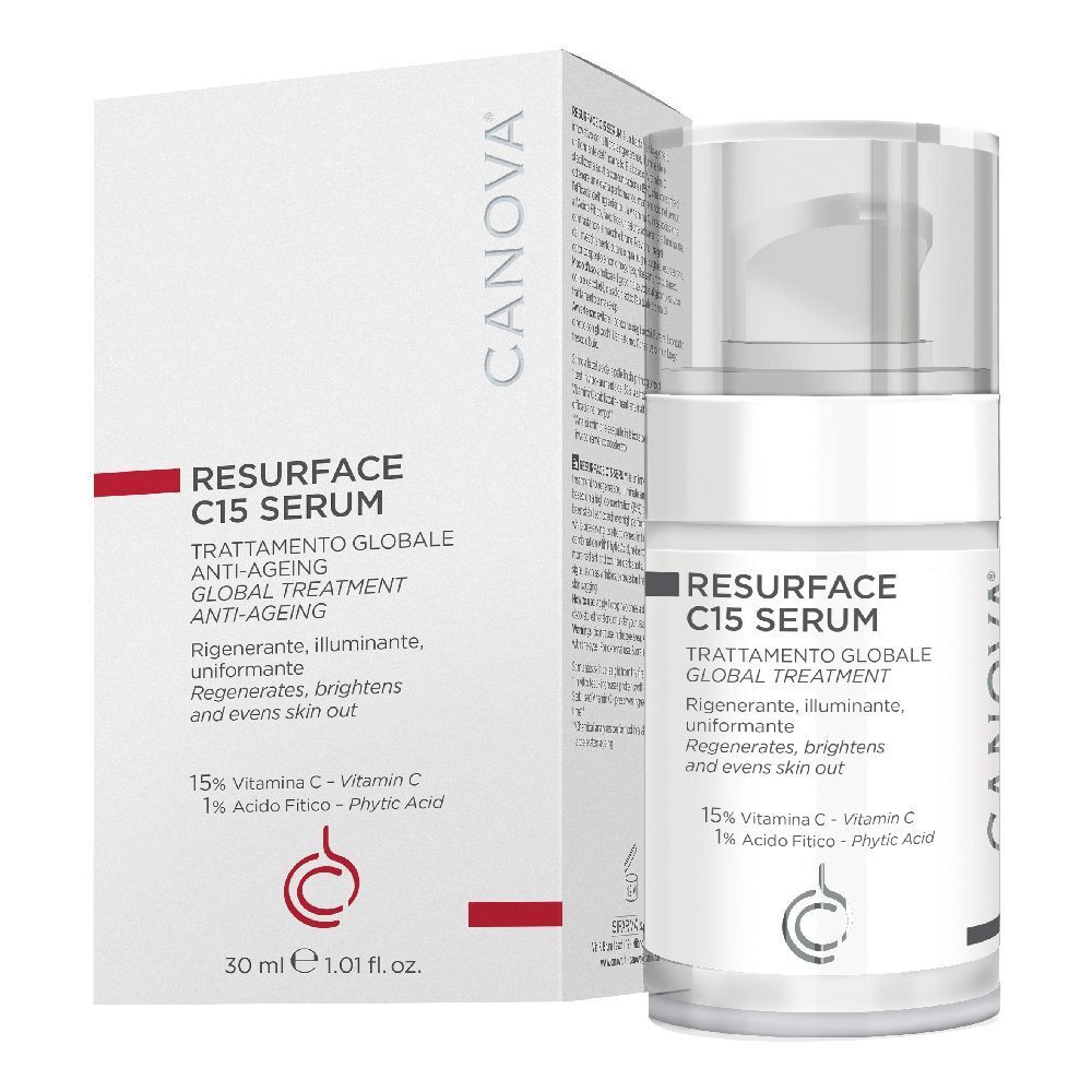 Flacon blanc de sérum et emballage. Inscription : Re-Surface C15 Serum, 30 ml. Marque : Canova.