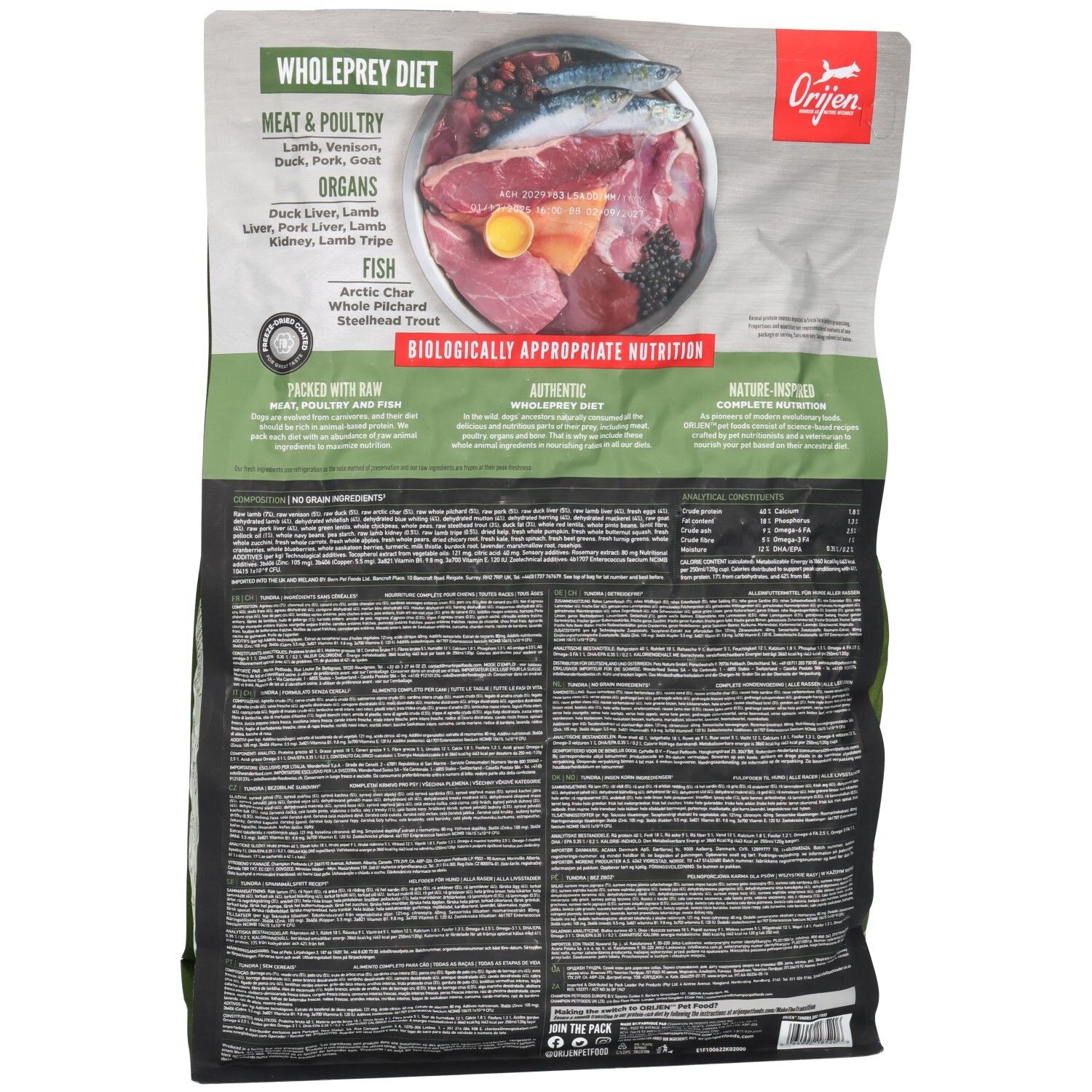 Arrière du sac de nourriture pour chien Orijen Tundra, 2kg, avec aperçu des ingrédients.