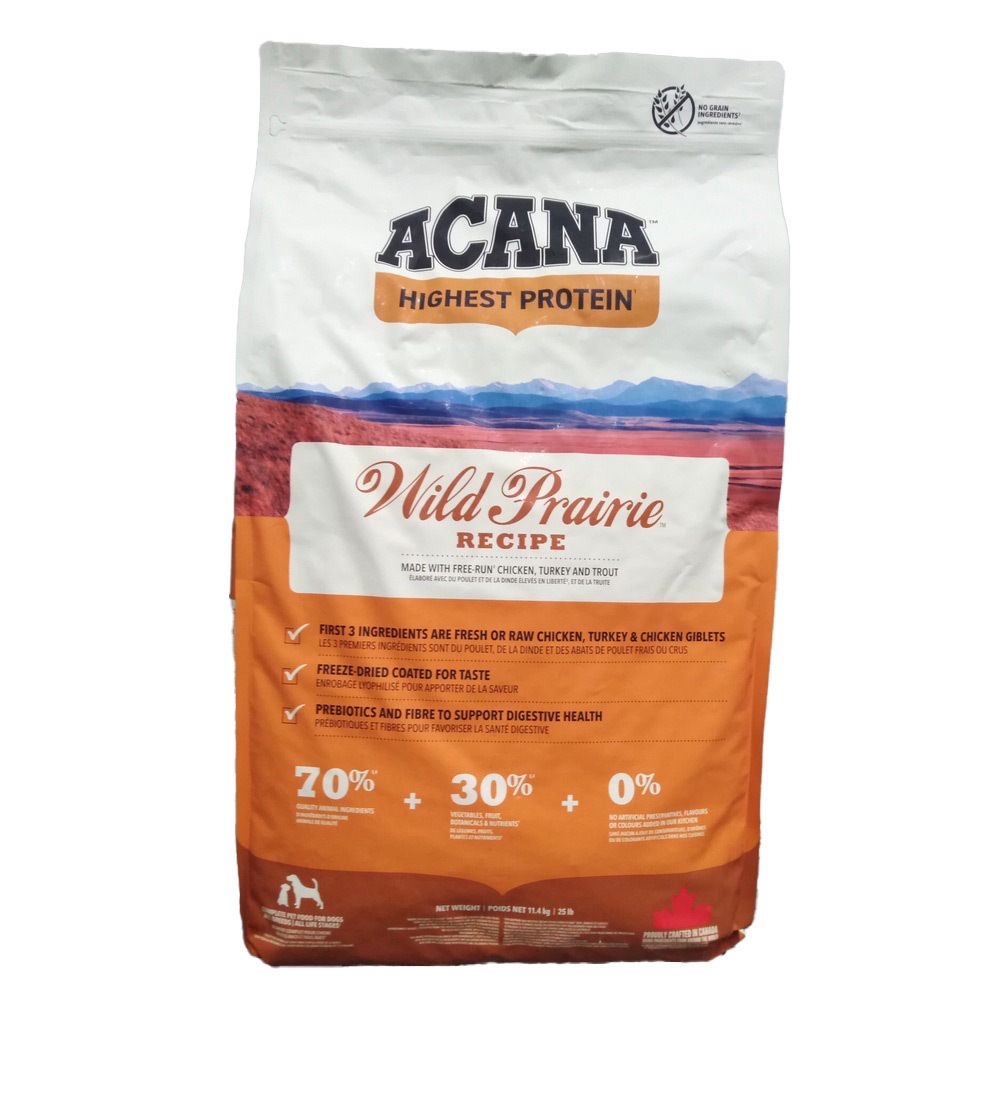 Sac de nourriture pour chiens ACANA Wild Prairie. Ingrédients principaux : poulet, dinde, abats. 70% volaille, 30% légumes, 0% céréales.