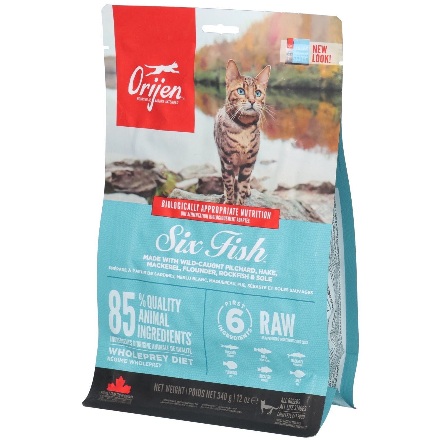 Sac de nourriture pour chat ORIJEN Six Fish avec motif de chat et de poisson. 340g.