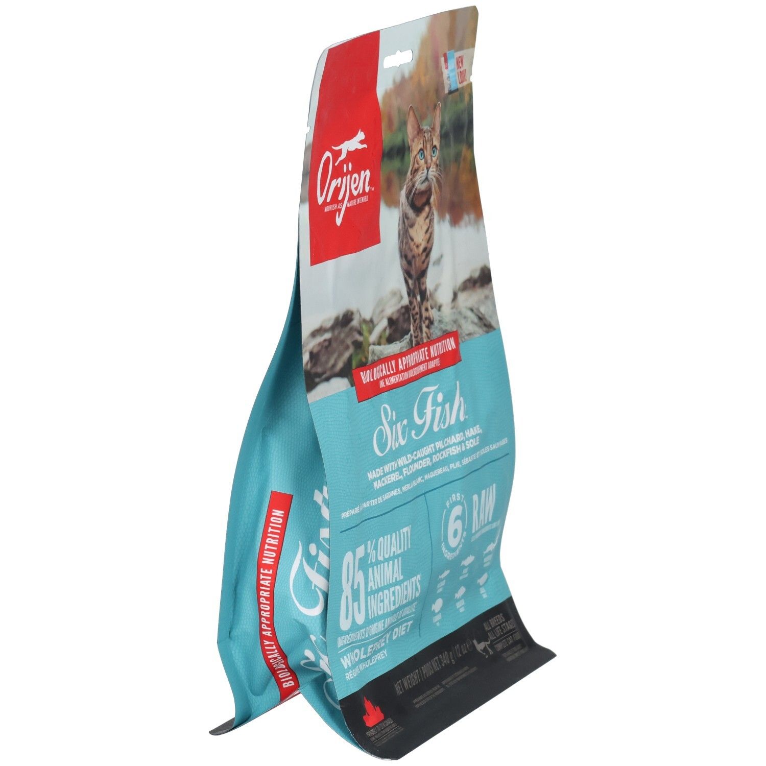 Vue latérale du sac de nourriture pour chat ORIJEN Six Fish. 340g.