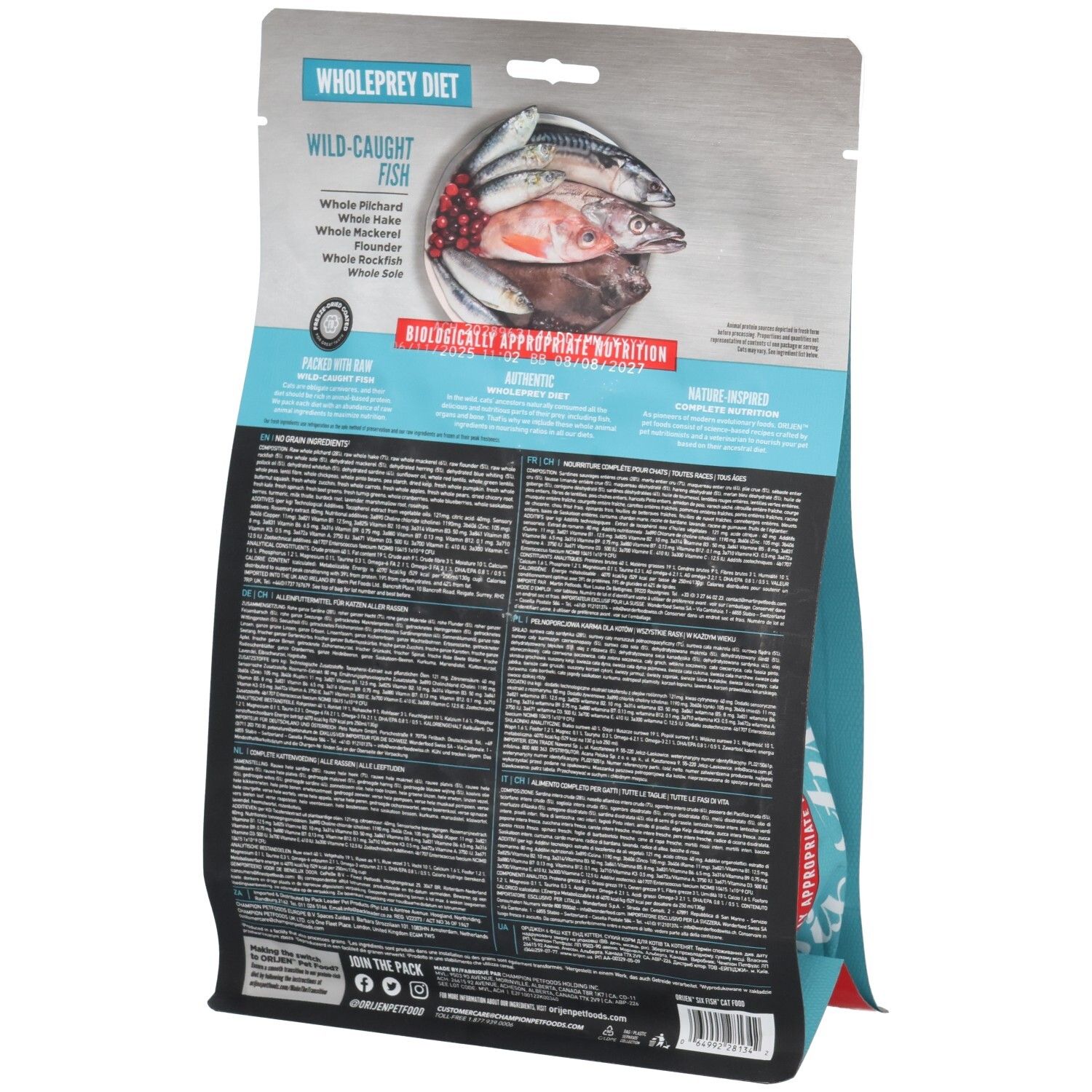 Arrière du sac de nourriture pour chat ORIJEN Six Fish avec illustration de poisson. 340g.