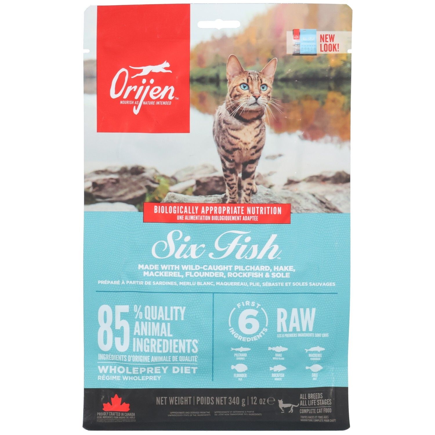 Sac de nourriture pour chat ORIJEN Six Fish avec motif de chat et de poisson. 340g.