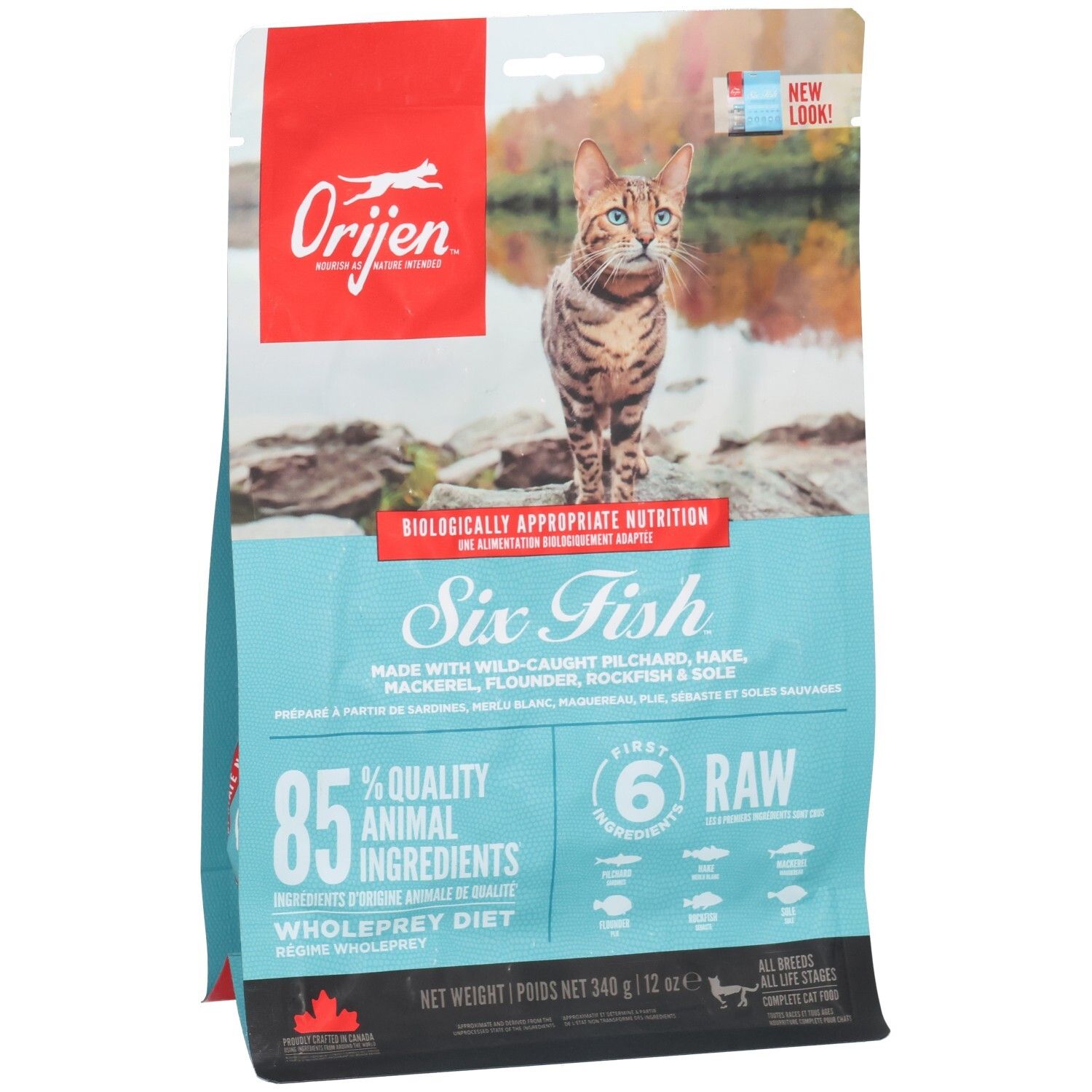 Sac de nourriture pour chat ORIJEN Six Fish avec motif de chat et de poisson. 340g.