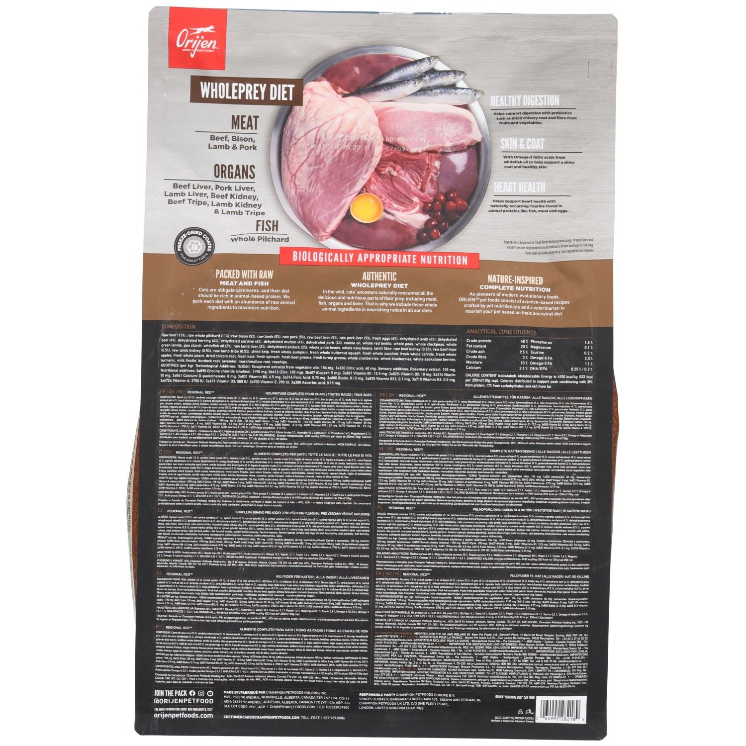 Croquettes Orijen Regional Red pour chat : Dos avec informations détaillées sur les ingrédients, illustrations de viande et de poisson.