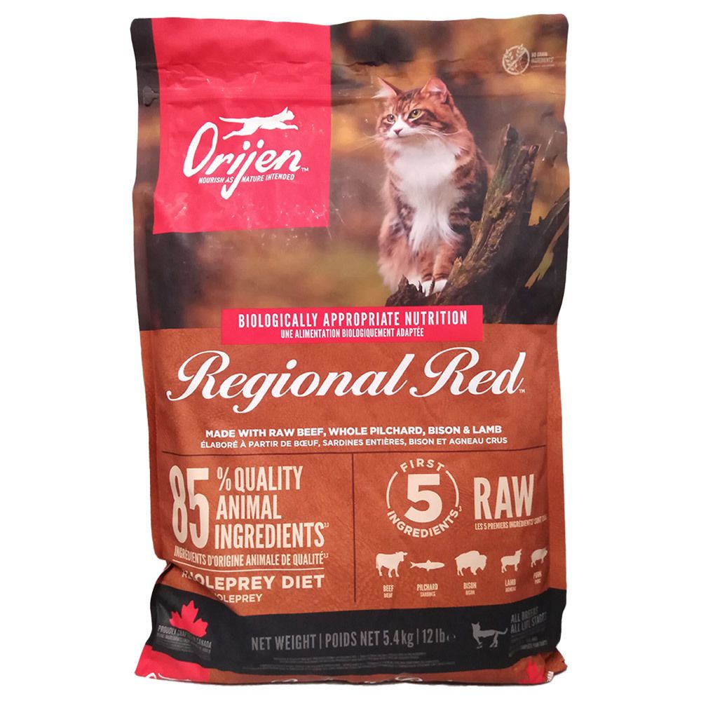 Orijen Regional Red nourriture pour chat, sac de 5,4 kg. Nutrition biologiquement appropriée avec 85% d'ingrédients d'origine animale.
