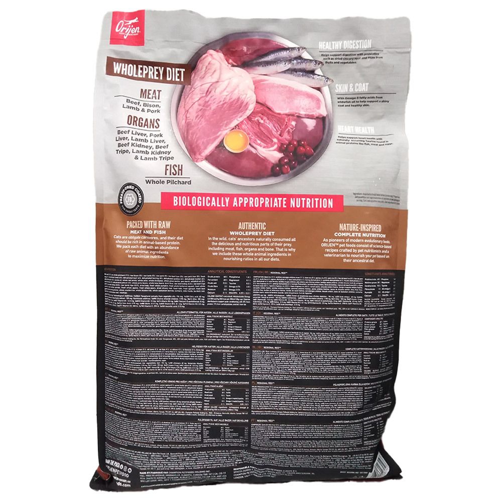 Arrière du sac de nourriture pour chat Orijen Regional Red (5,4 kg). Affiche les ingrédients et les informations nutritionnelles.