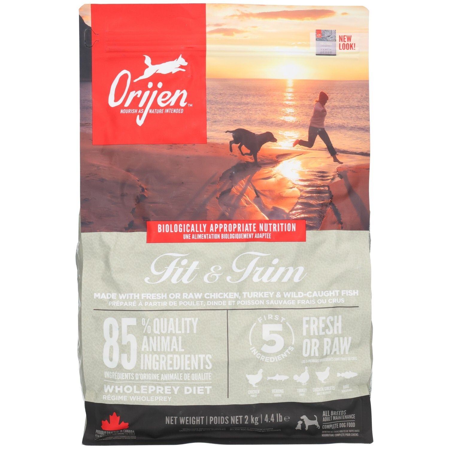 Sac de nourriture pour chien Orijen Fit & Trim, 2kg. Nutrition biologiquement appropriée avec 85% d'ingrédients animaux.