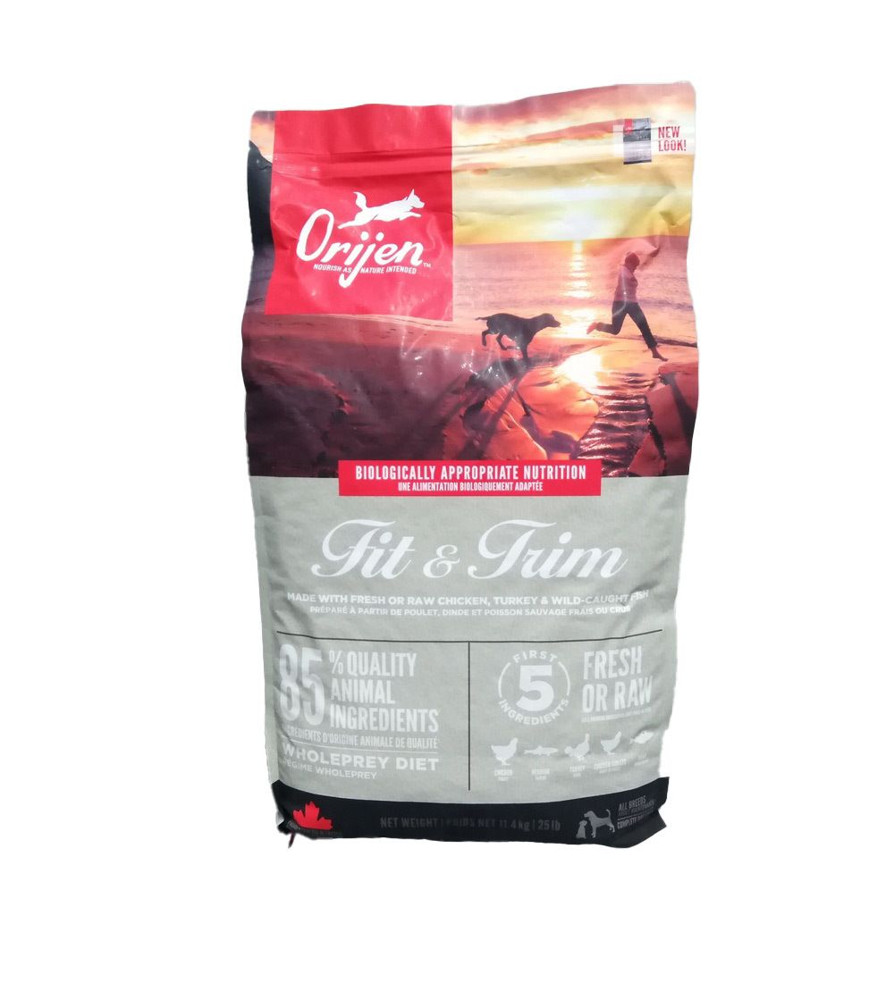Sac de nourriture pour chiens Orijen Fit & Trim. Sac rouge et gris avec nom et illustrations du produit. 11,4 kg.