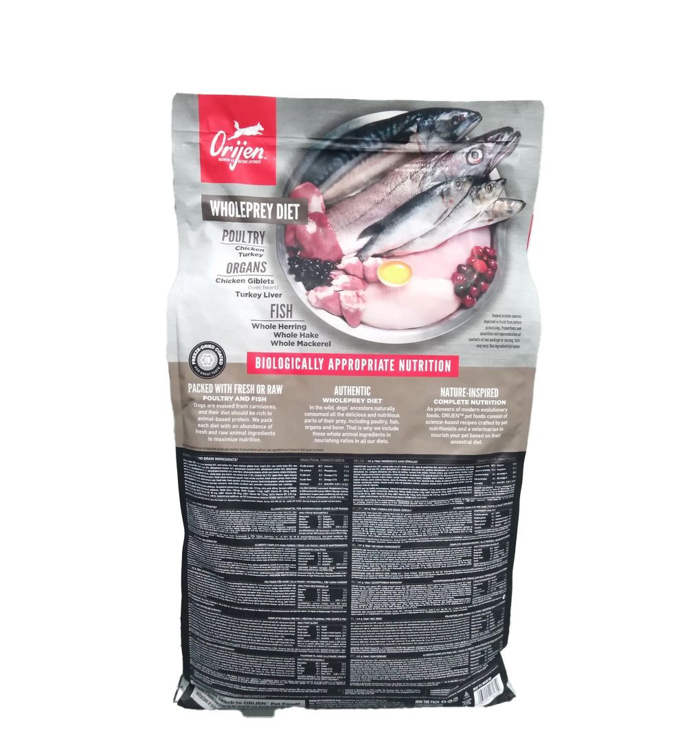 Dos du sac de nourriture pour chiens Orijen Fit & Trim. Contient des informations et des illustrations des ingrédients. 11,4 kg.