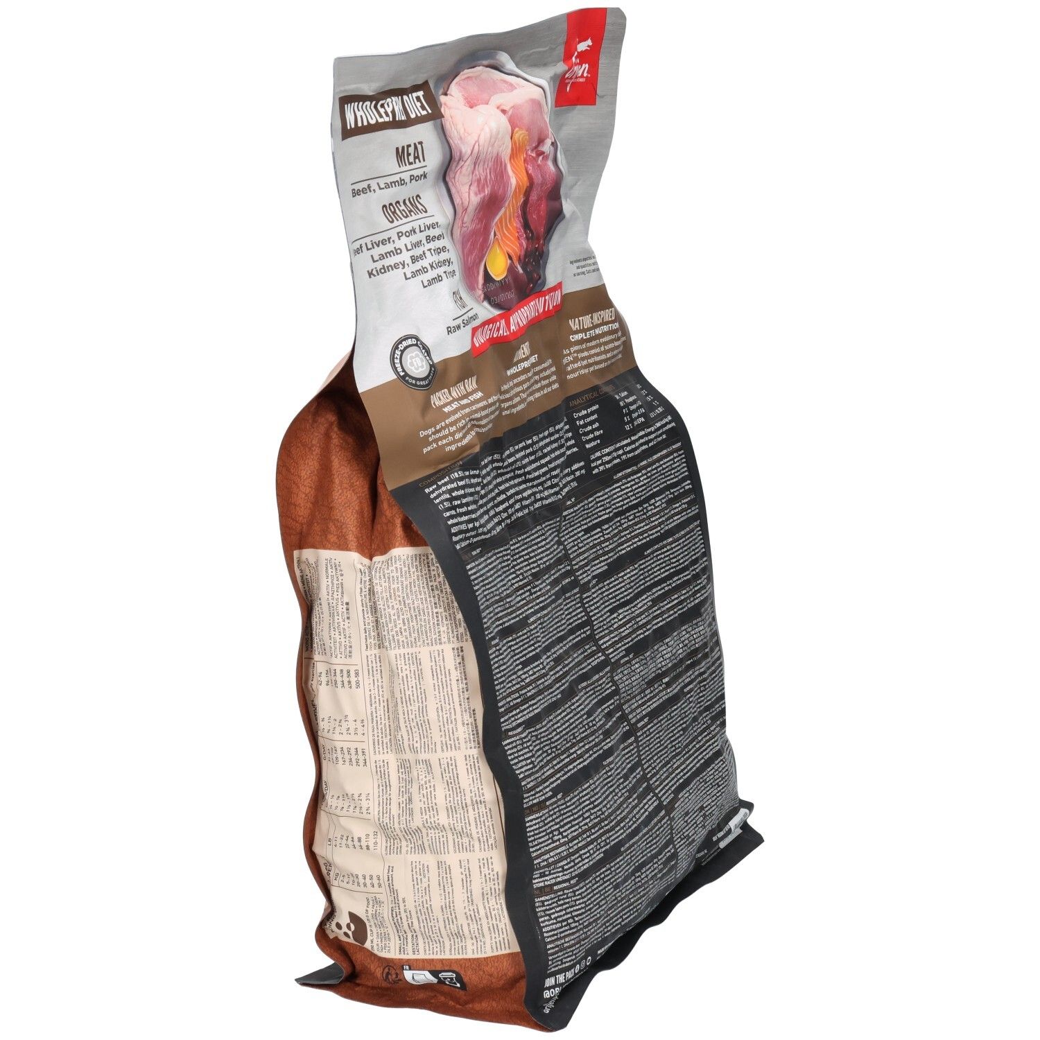 Dos du sac ORIJEN DOG REGIONAL RED. Contient des informations sur les ingrédients et la composition. Vue oblique.