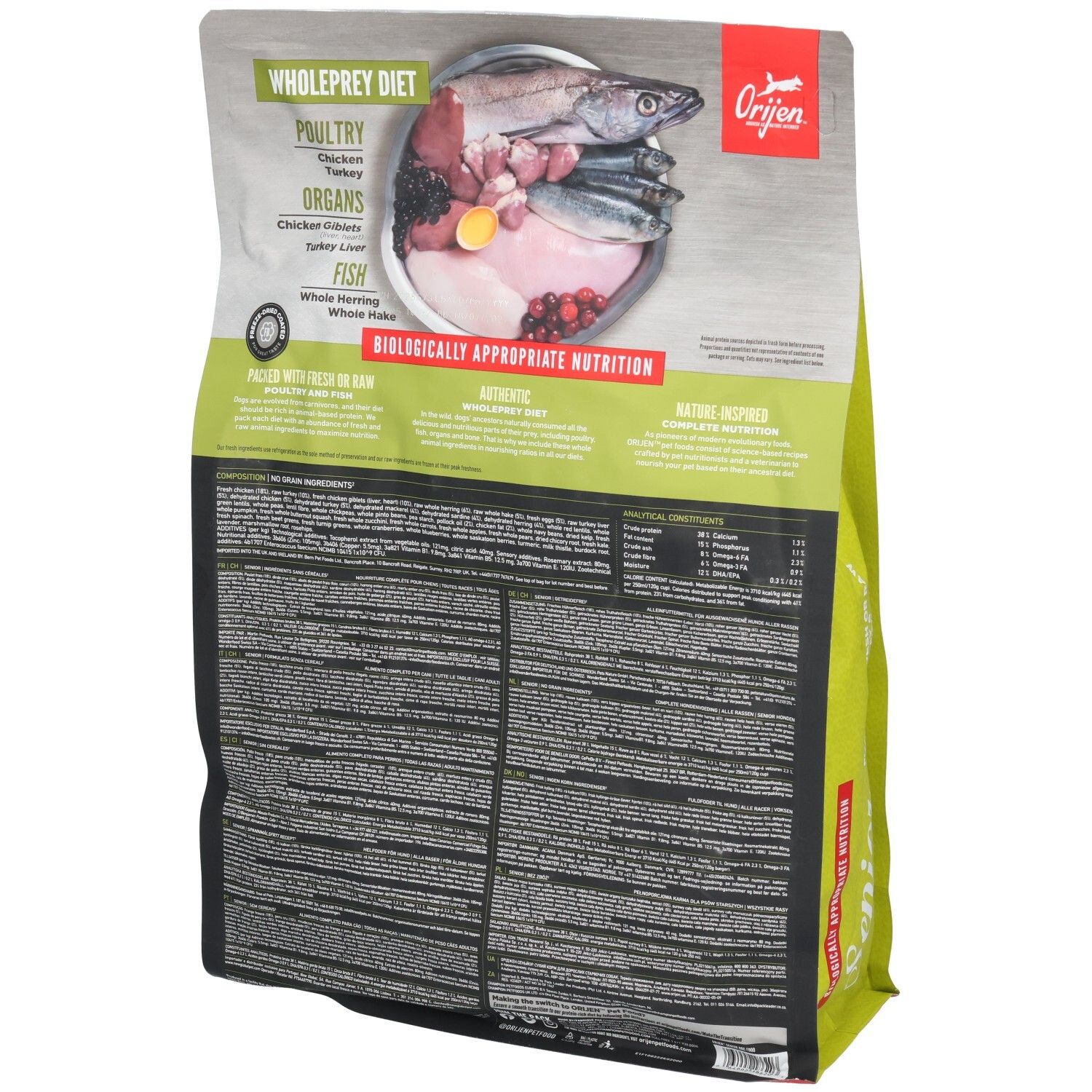 Arrière du sac de nourriture Orijen Senior pour chien avec image des ingrédients et du texte.